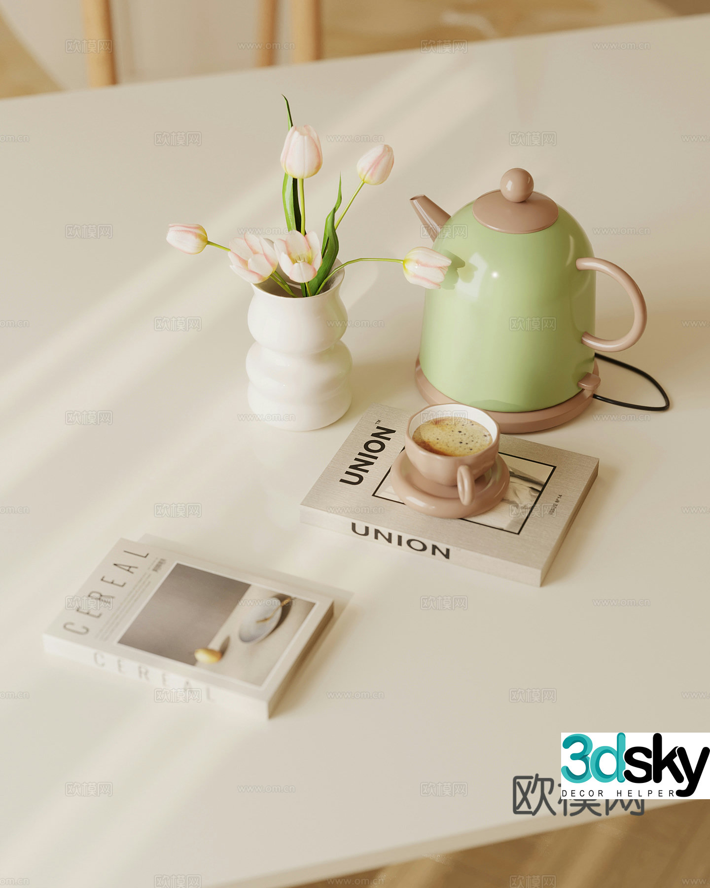 Modern cream style ornament combination coffee pot book cup 3d model