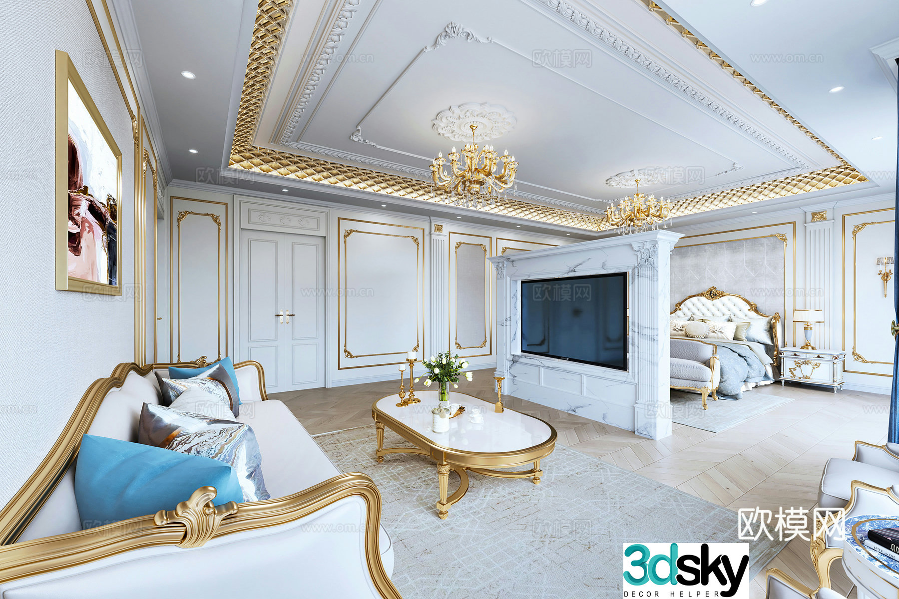 European style luxury master bedroom master room queen room European style living room European sofa coffee table 3D model