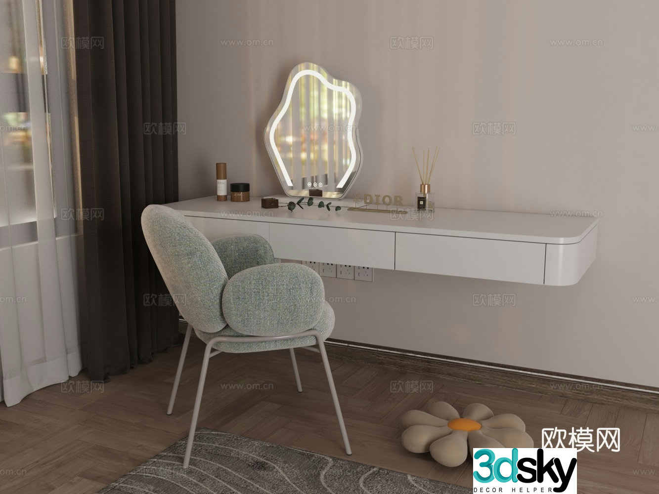 Modern bedroom hanging dressing table chair vanity mirror cosmetic 3d model