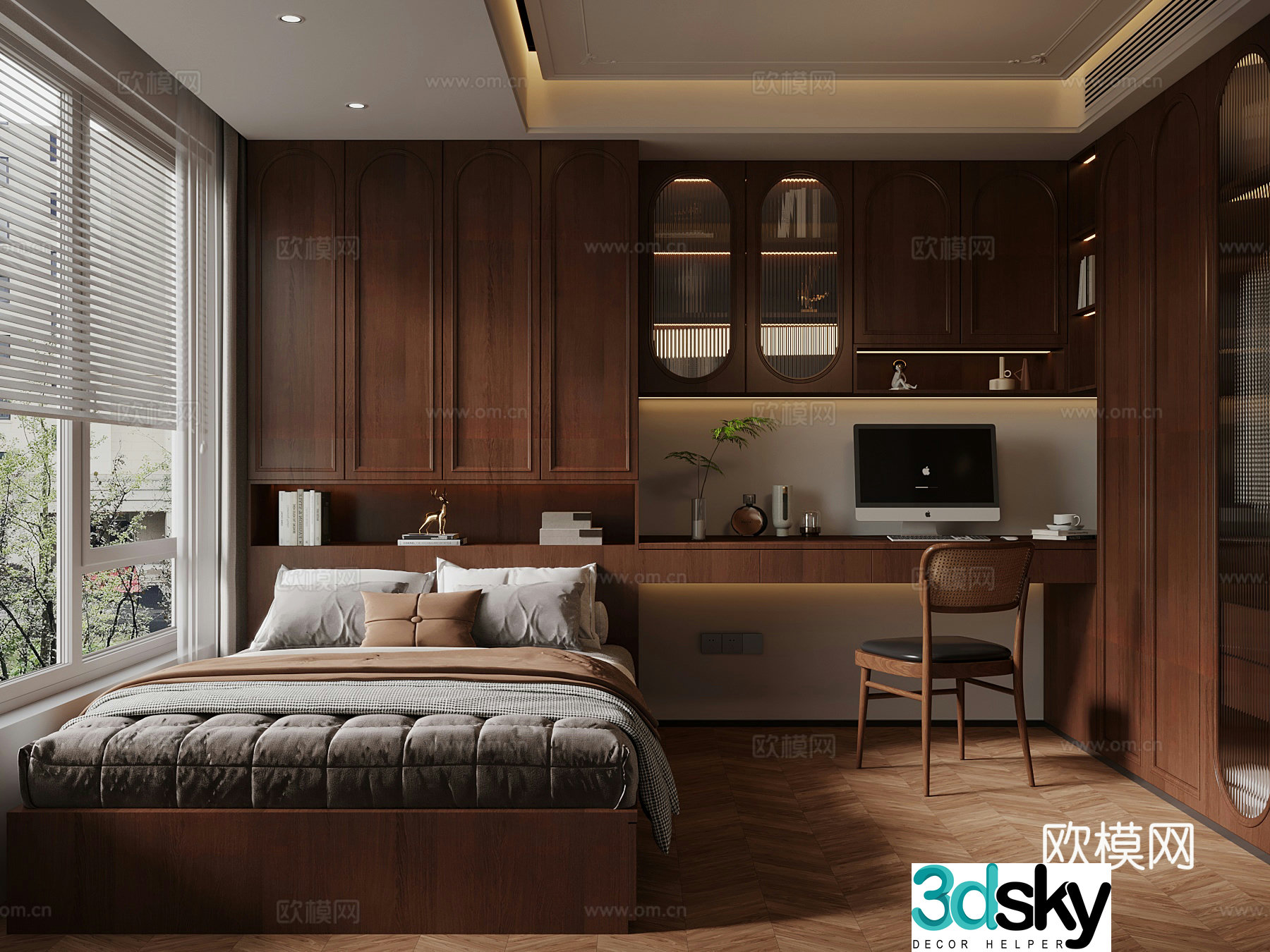 Middle style bedroom single bed wardrobe 3d model