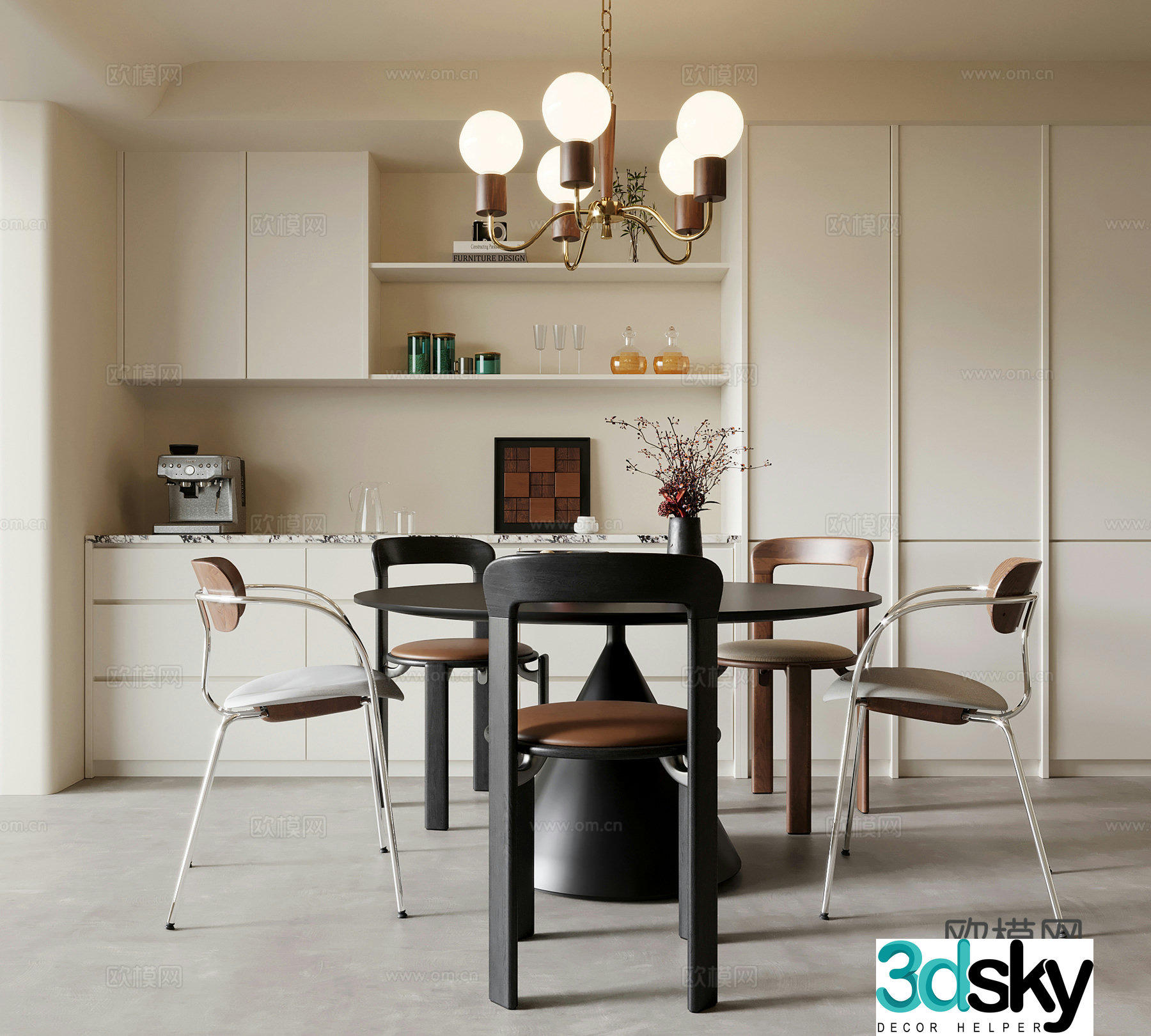 Middle-aged restaurant dining table and chairs wine cabinet 3d model