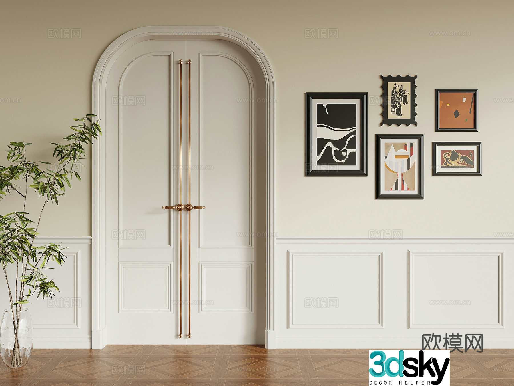 French double door wall skirt wall panel green plants hanging painting 3d model