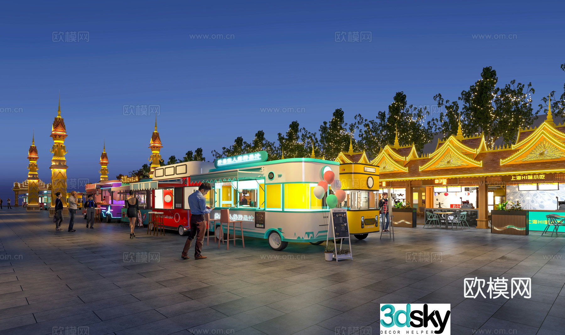 Commercial street market night view snack square container food street internet celebrity 3D model