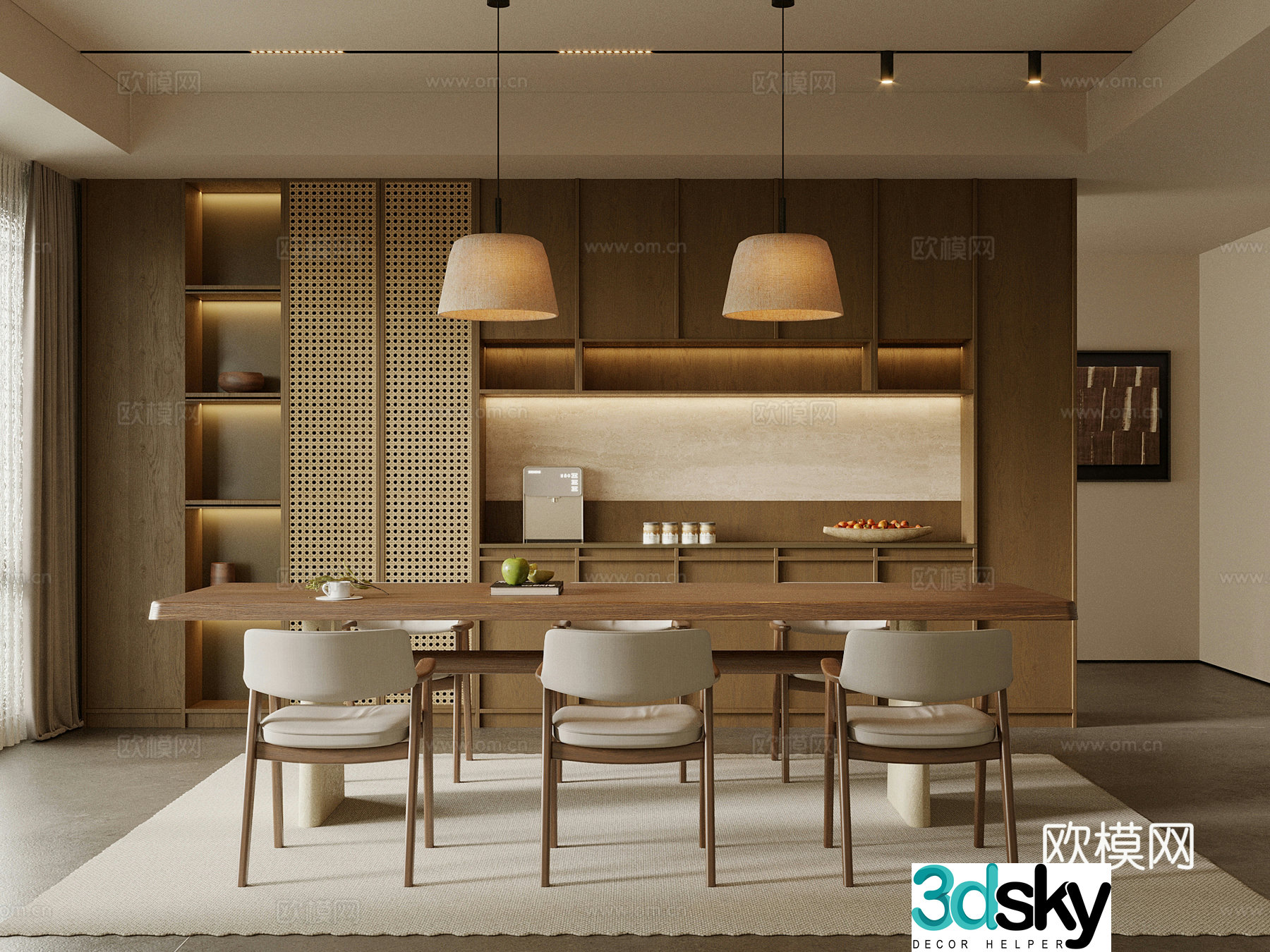 Middle style restaurant dining table chair wine cabinet 3d model