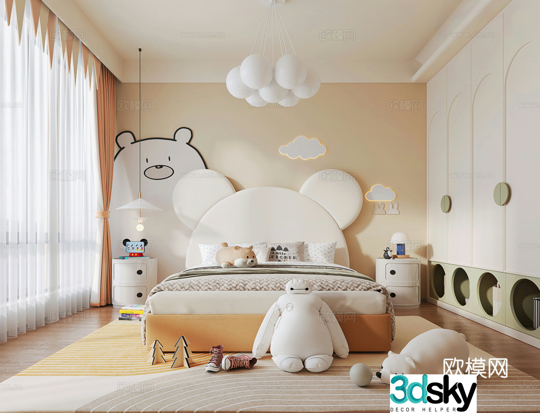 Modern style children’s room children’s bed cylindrical bedside table children’s wardrobe toys ornaments ball 3d model