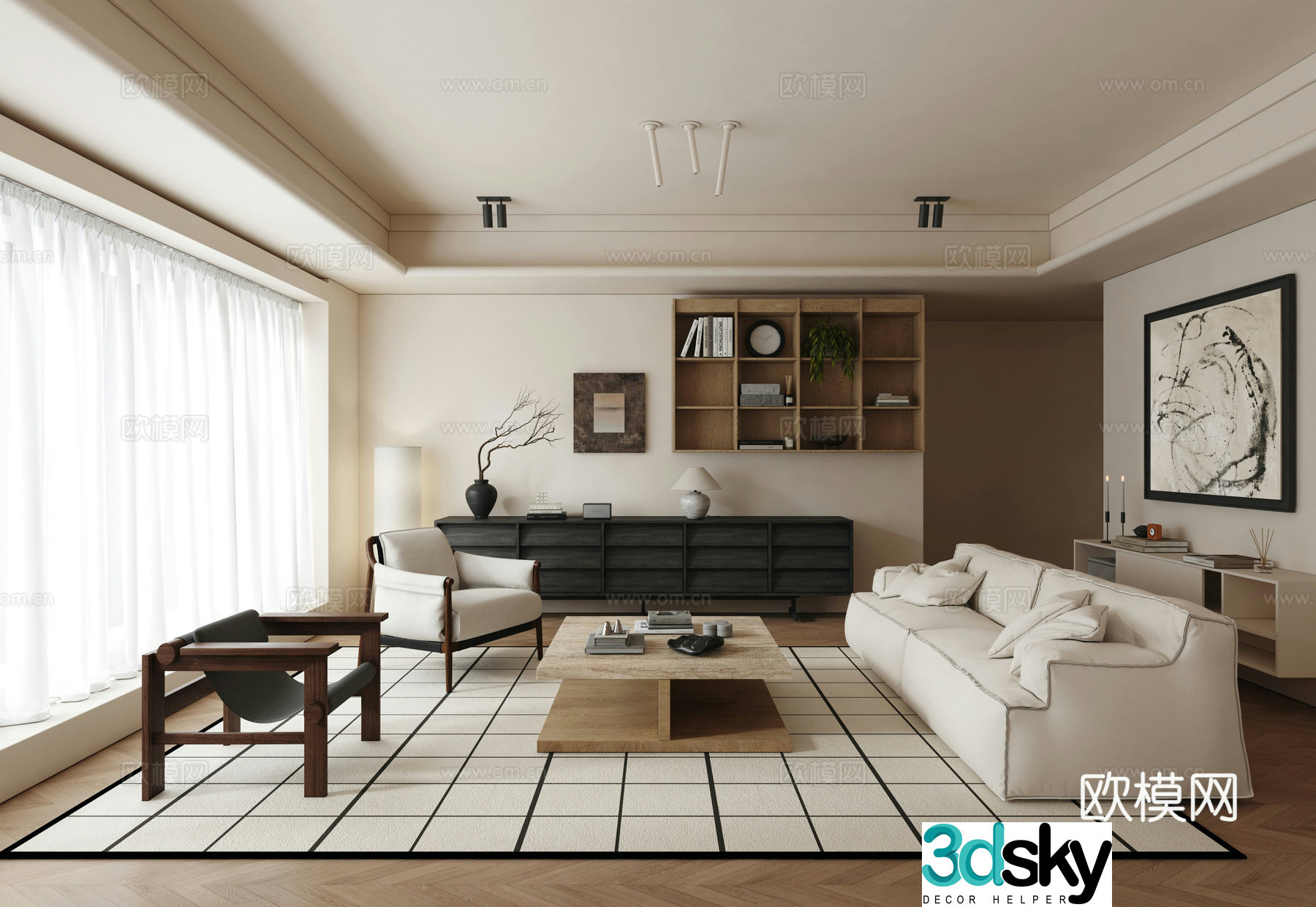 Wasabi Medium-class home living room horizontal hall black and white living room Wasabi Living room 3D model