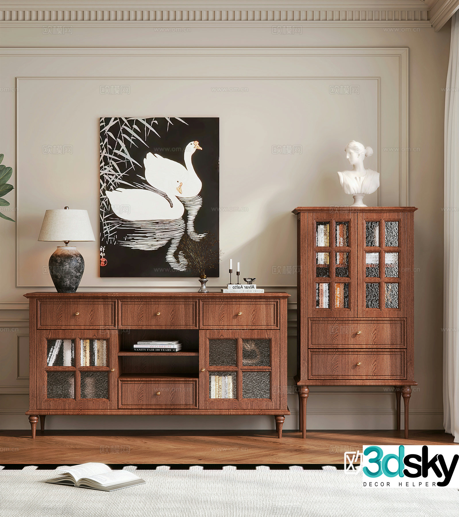 French medieval style porch side cabinet glass side cabinet green plant potted plants decorative painting desk lamp medieval style 3D model