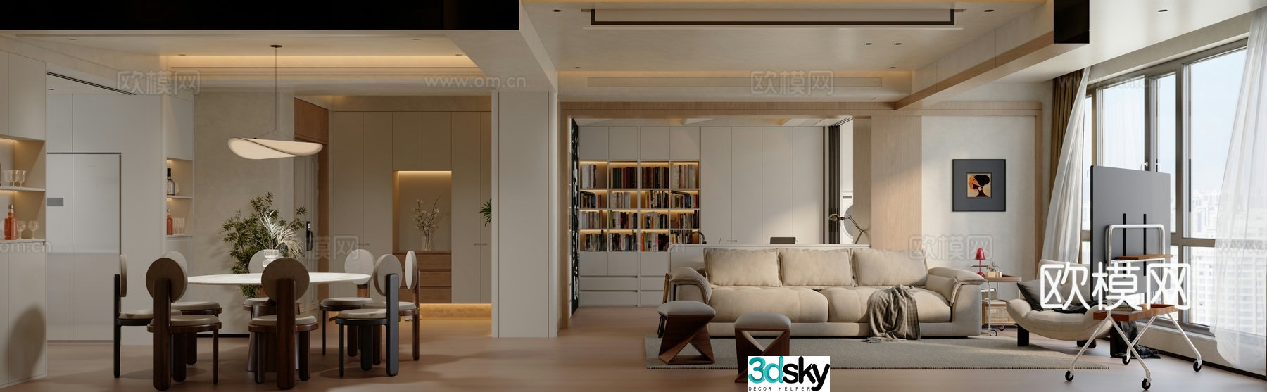 Modern medieval style home living and dining room 3D model