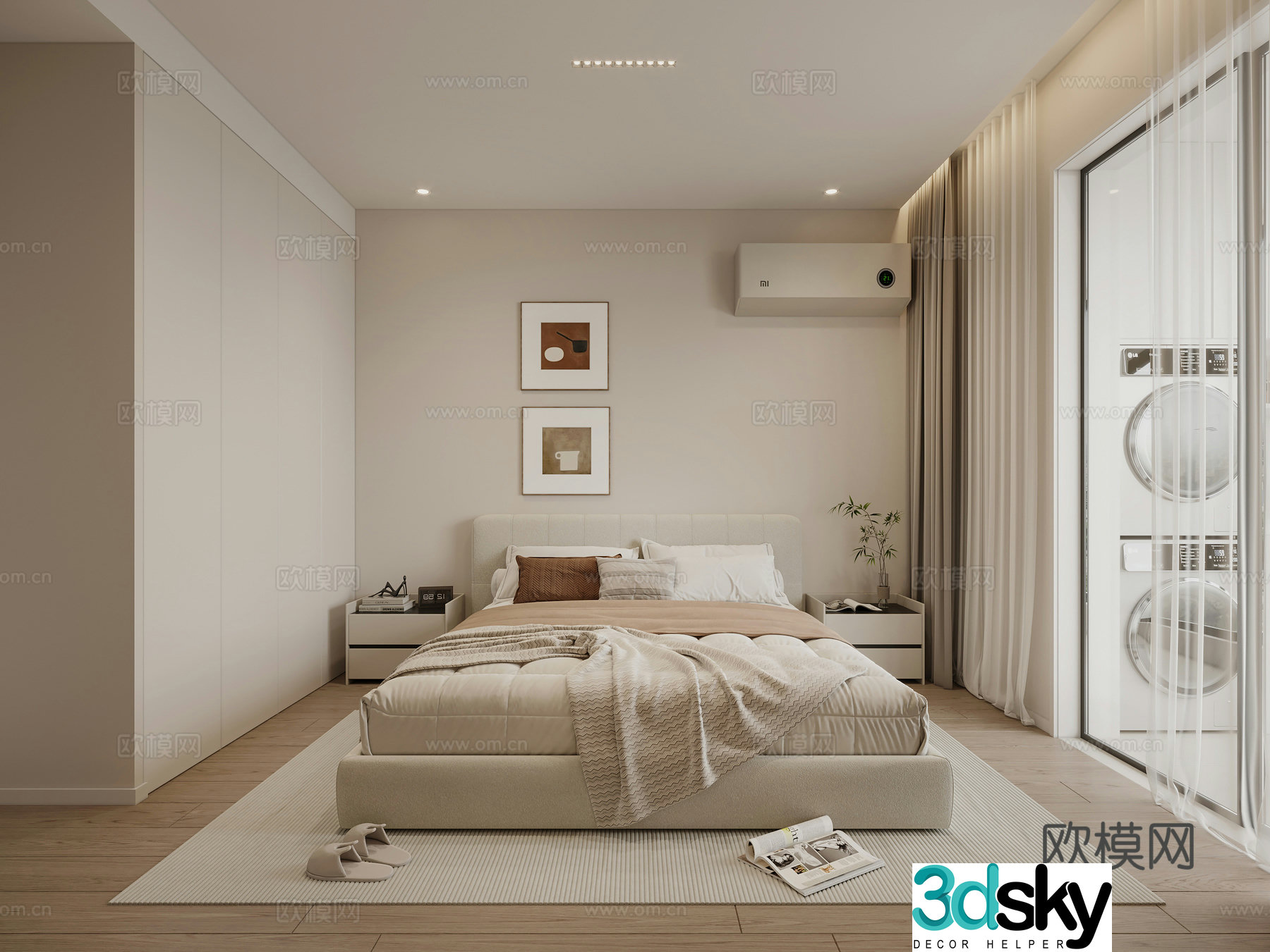 Modern creamy bedroom double bed nightstand air conditioner curtains carpet hanging paintings 3d model