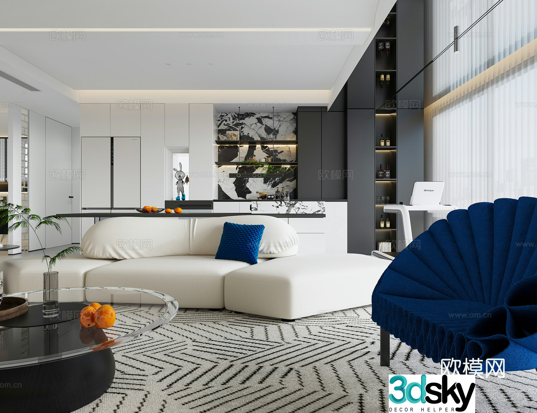 Modern minimalist living room large flat floor black and white and gray living room TV background wall 3d model