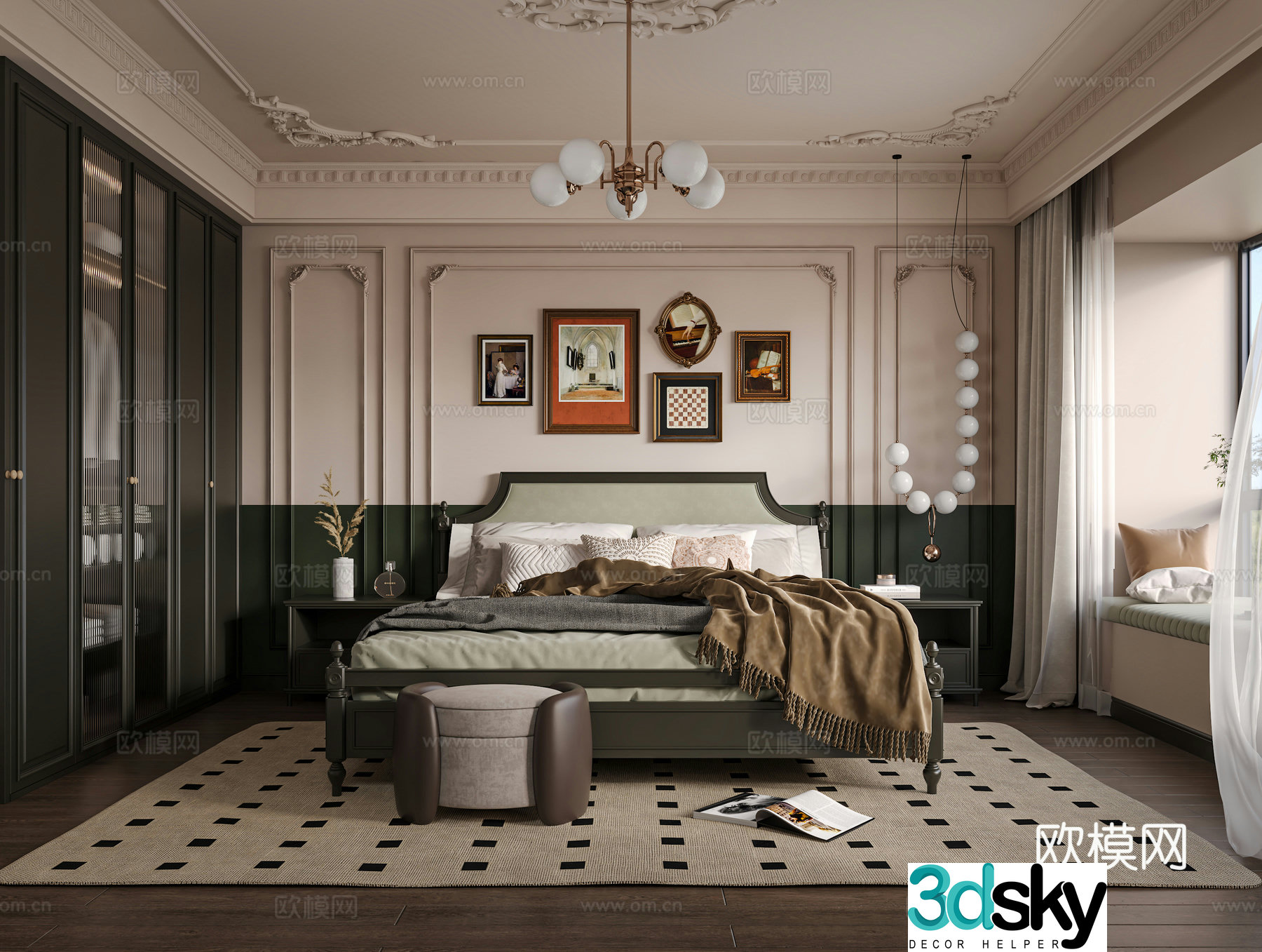 French bedroom Master bedroom Double bed Wardrobe Bedside table Carpet Hanging paintings Jewelry 3d model