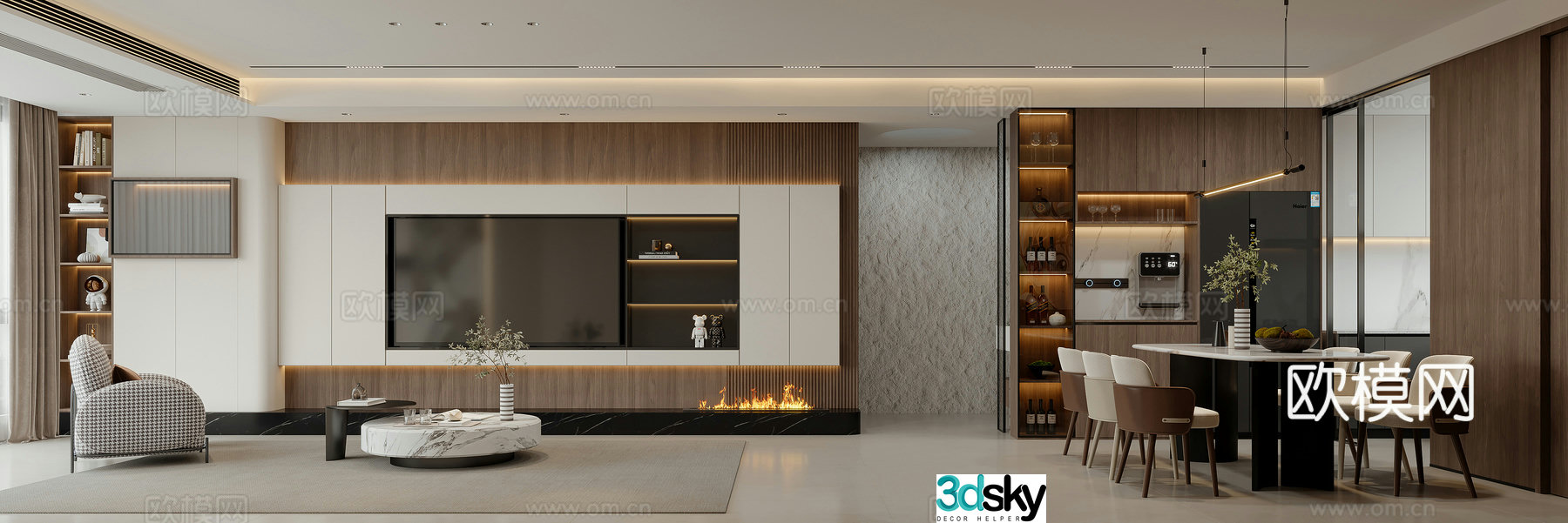 Modern living and dining room 3d model