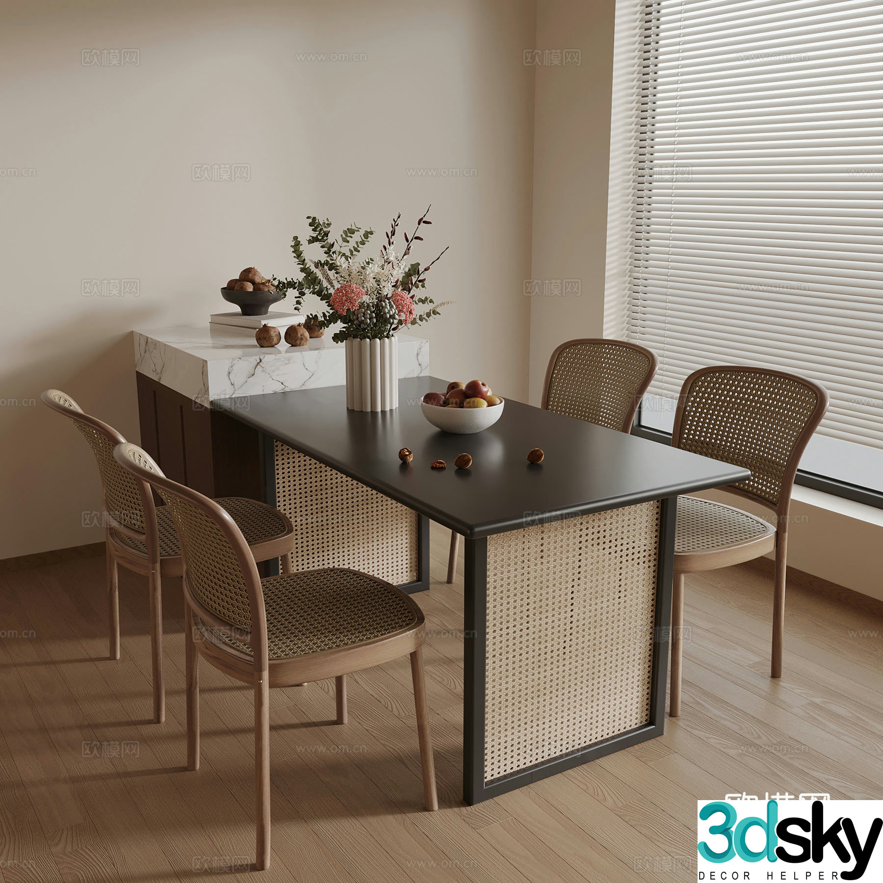 Middle style dining table and chairs decorative 3D model
