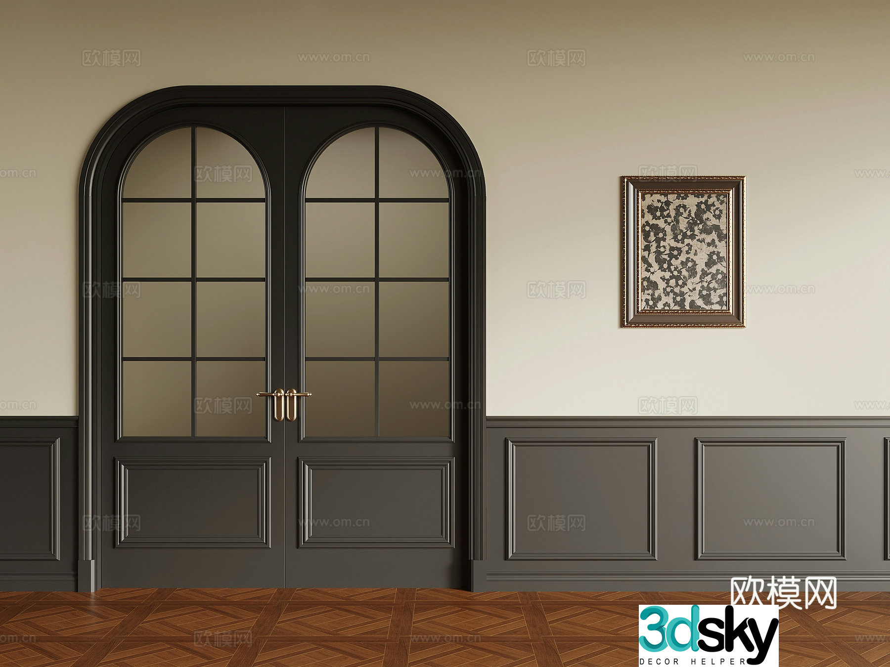French double door wall skirt wall panel hanging painting 3d model