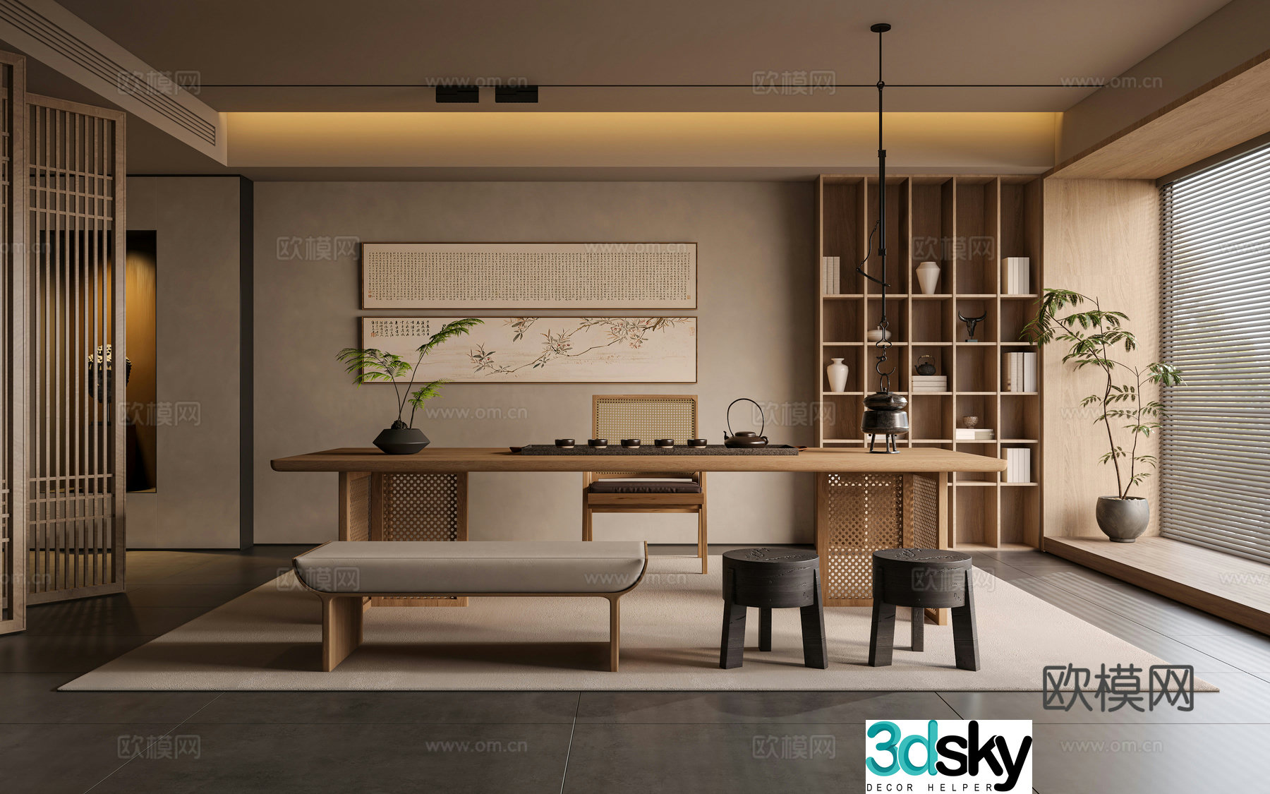 New Chinese style medieval tea room tea tasting area solid wood tea table and chair combination decorative tea cabinet ancient shelf tea 3D model