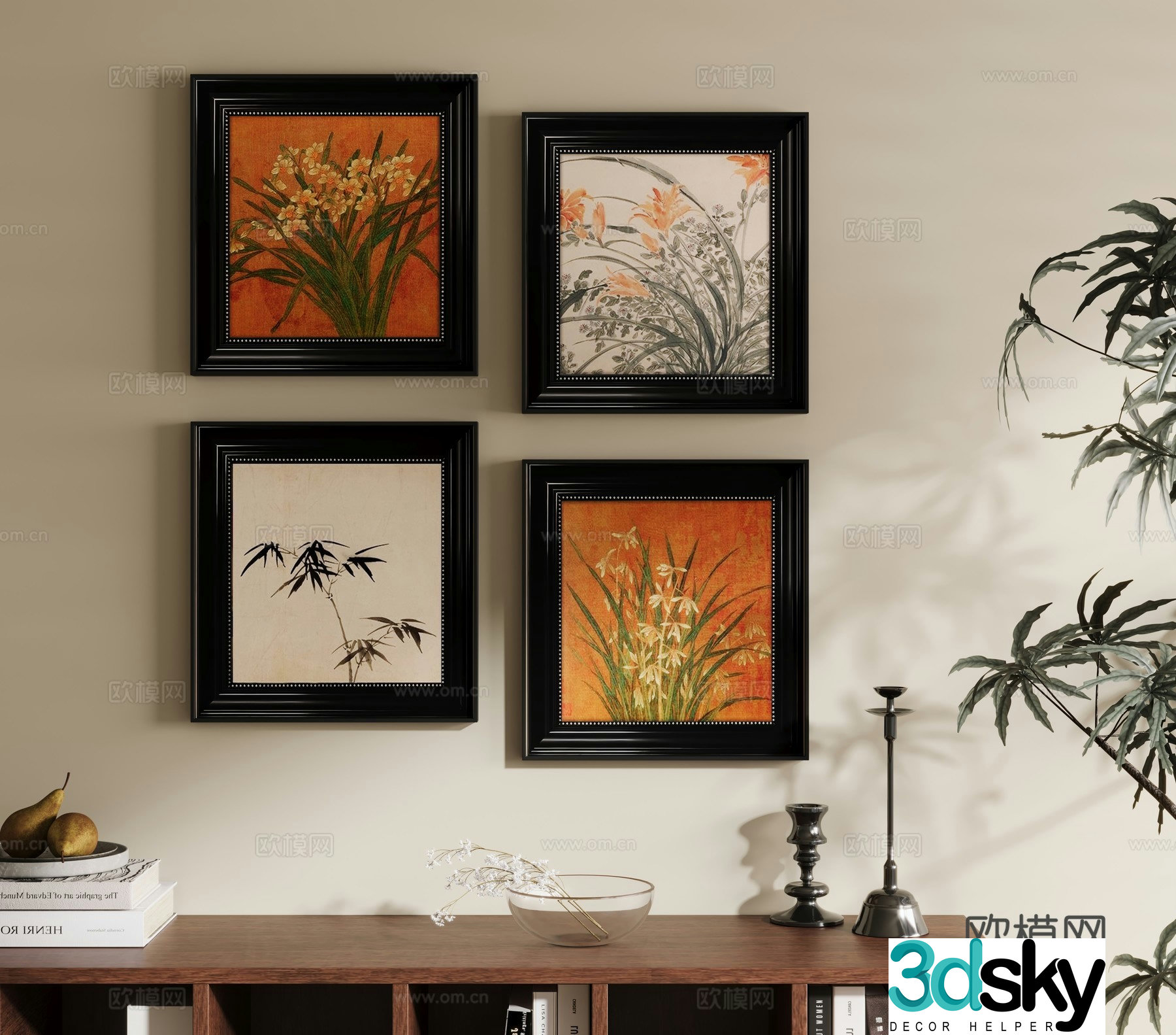 French Chinese living room decoration painting background wall combination 3D model
