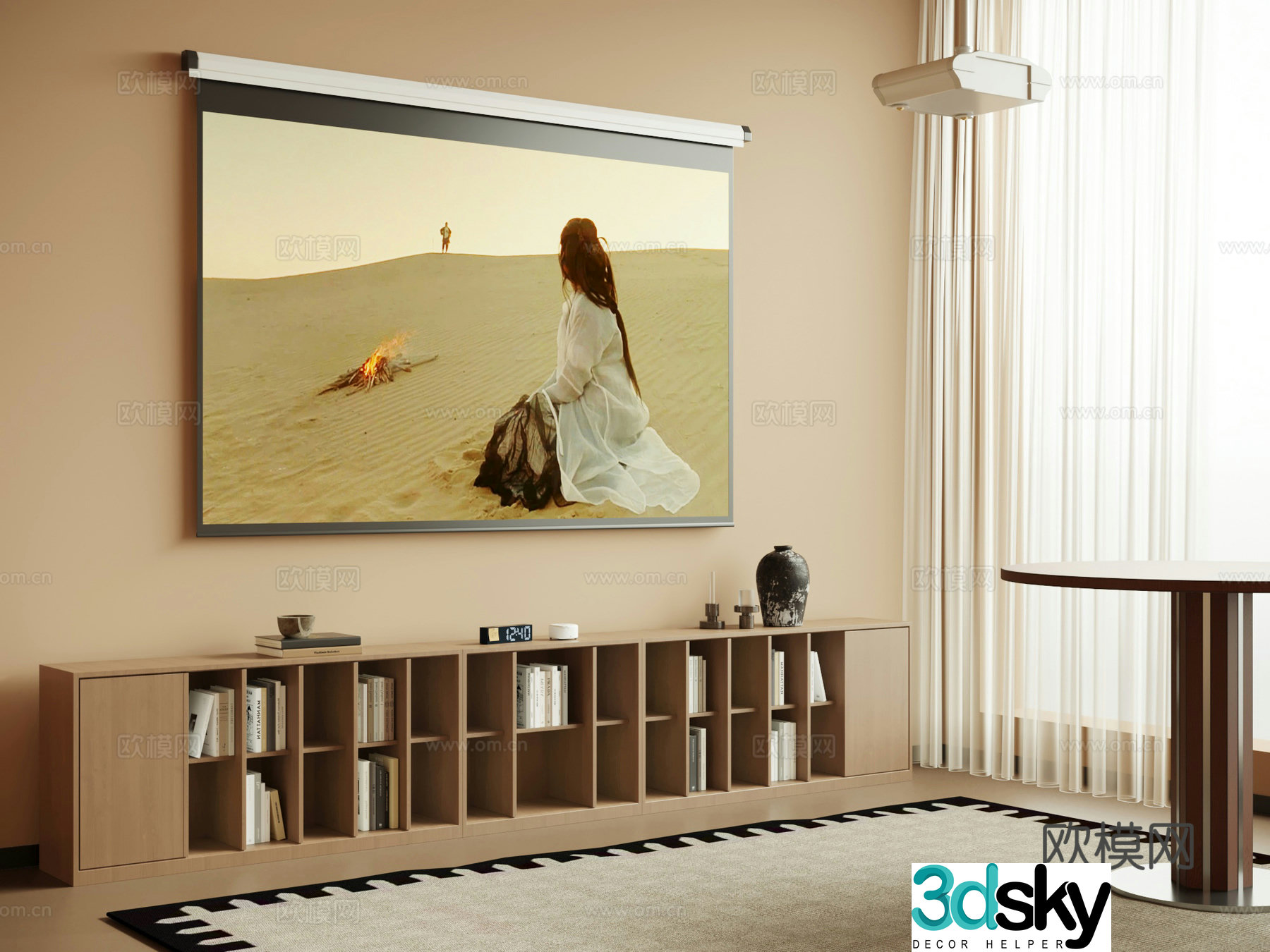 Middle-aged low cabinet bookcase projector curtain 3d model