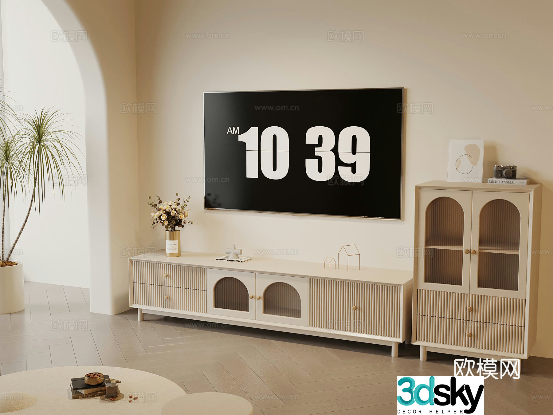 Modern creamy TV cabinet side cabinet 3d model