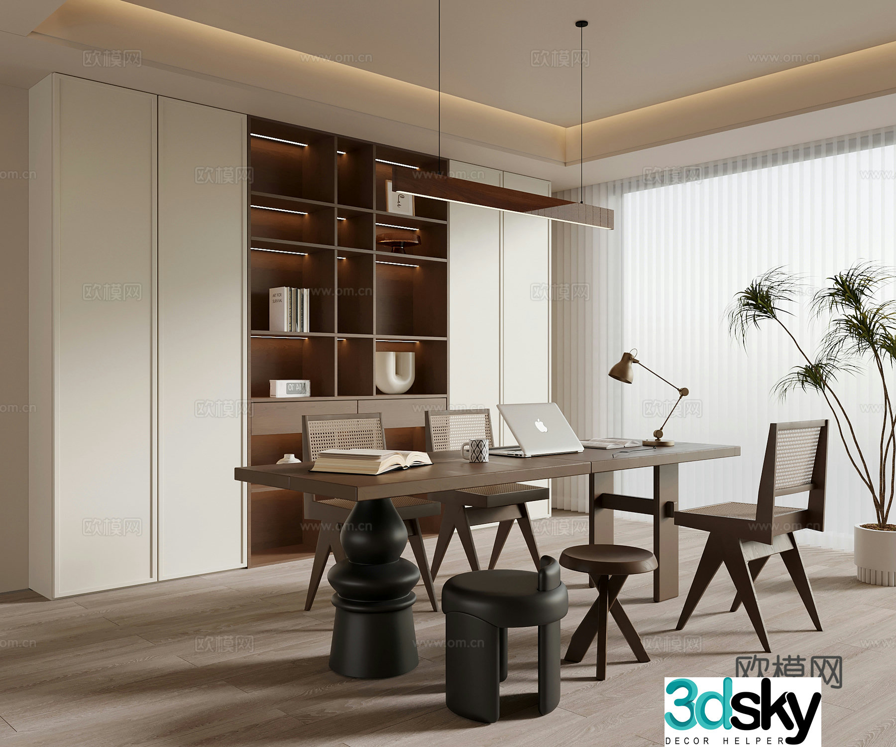 Middle-aged study bookcase desk and chair 3D model