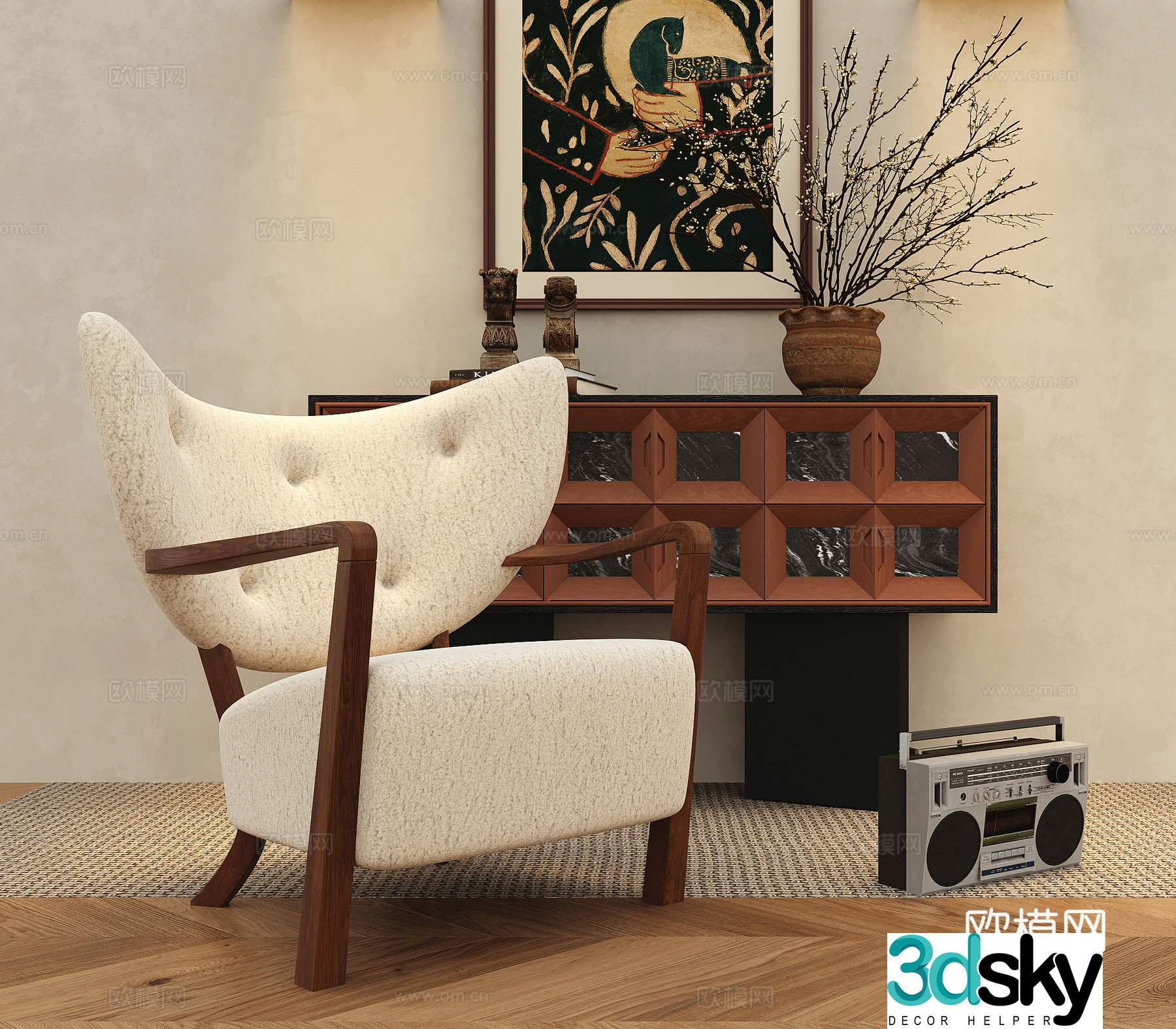 French single sofa casual sofa decorative cabinet porch cabinet decorative painting retro radio 3d model