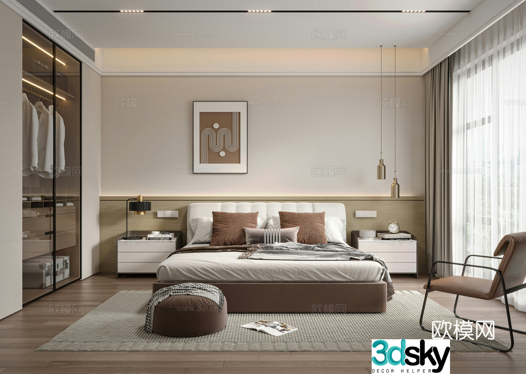 Modern bedroom Master bedroom Double bed Wardrobe Bedside table Carpet Hanging paintings Ornaments ornaments 3D model