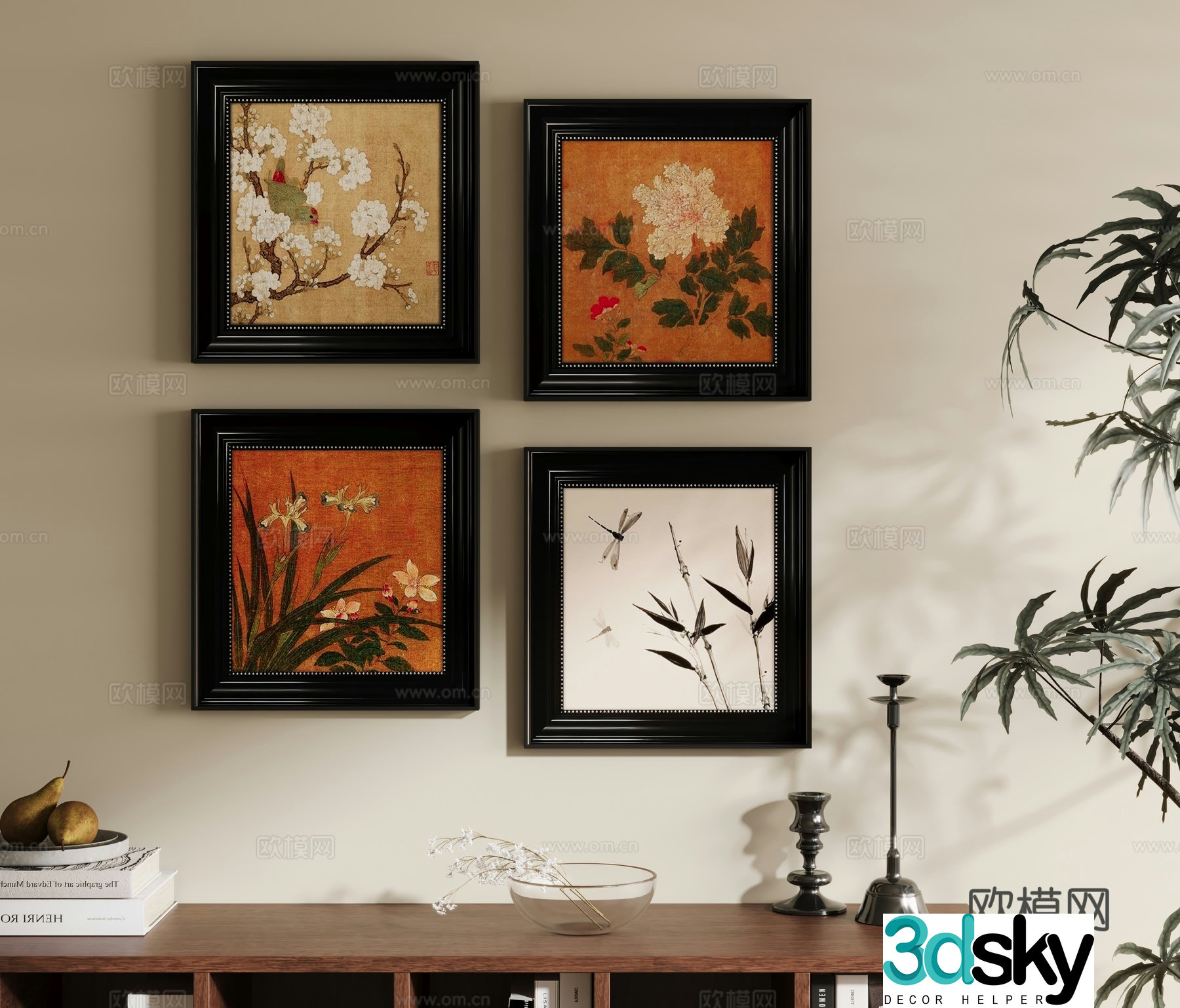 French Chinese living room decoration painting background wall combination 3D model