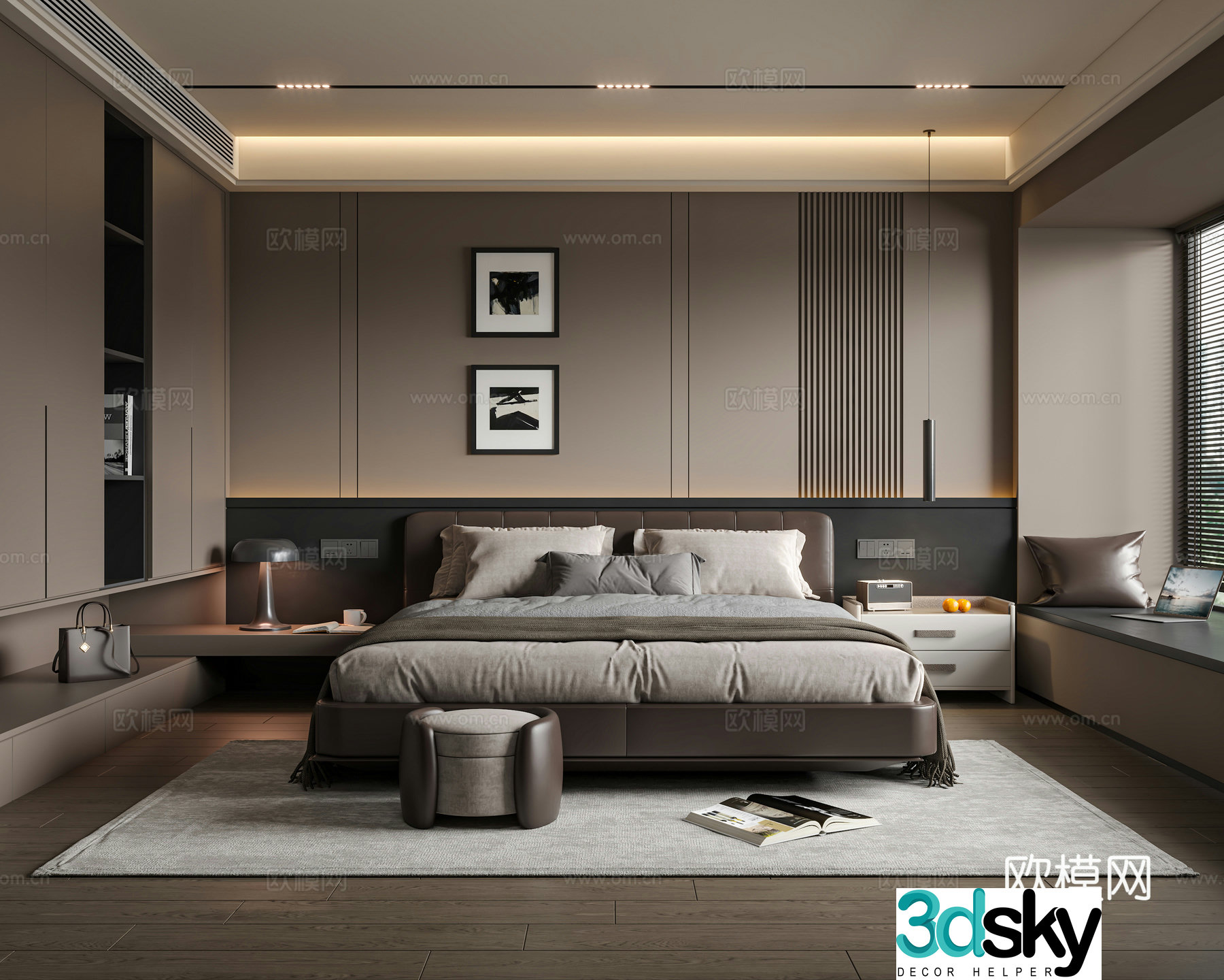 Modern Italian bedroom Master bedroom Double bed Wardrobe Bedside table Carpet Hanging paintings Jewelry 3d model