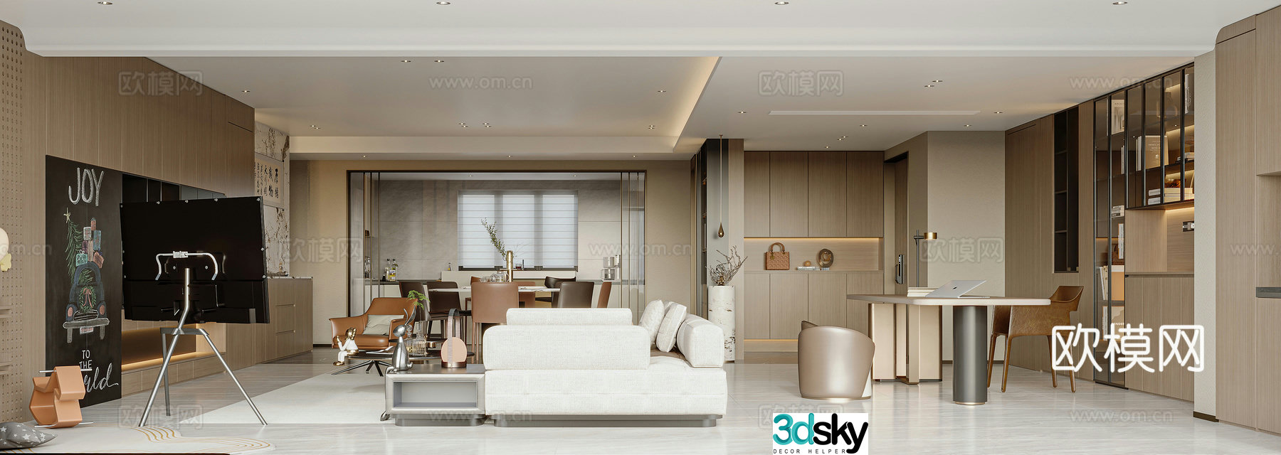 Modern light luxury living restaurant large flat floor no main light model room horizontal hall display cabinet 3D model