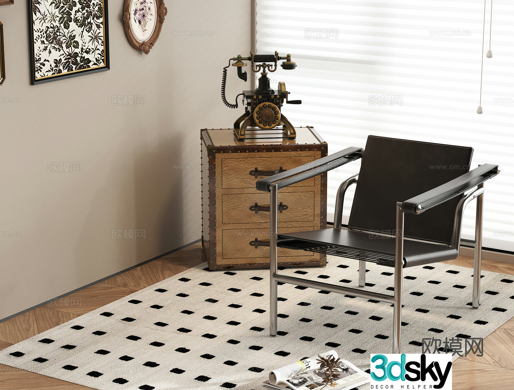 French casual chair side retro phone carpet single chair 3d model