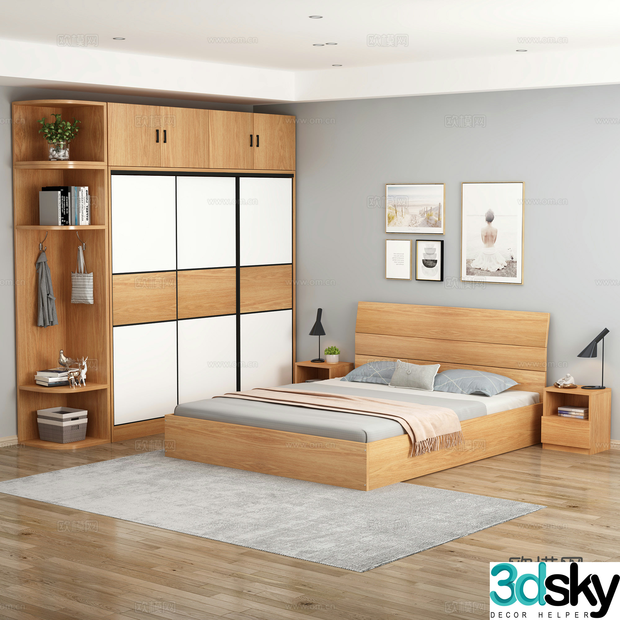 Nordic bedroom wardrobe double bed 3d model