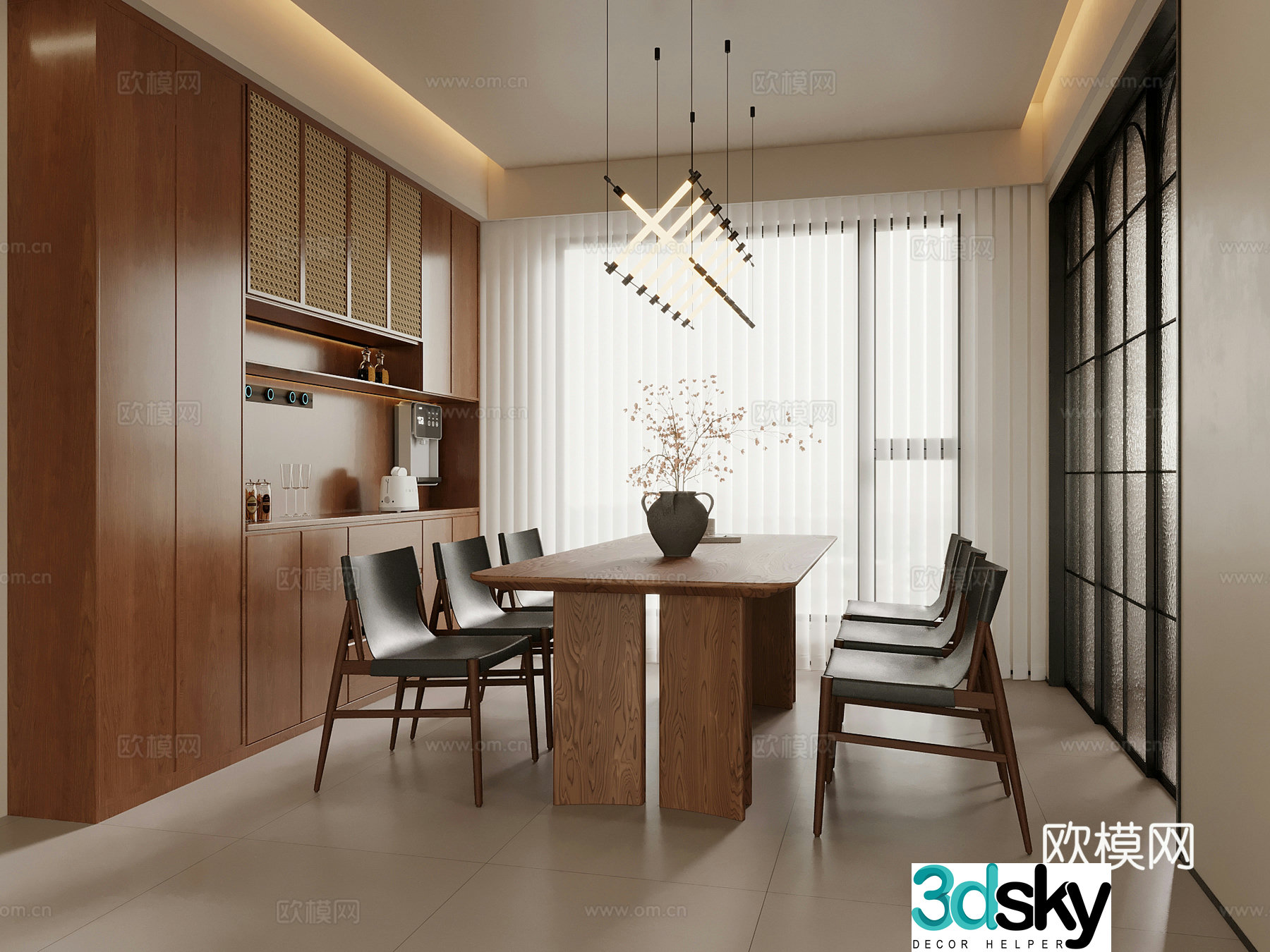 Middle-aged restaurant wine cabinet sideboard dining table chair chandeliers 3d model