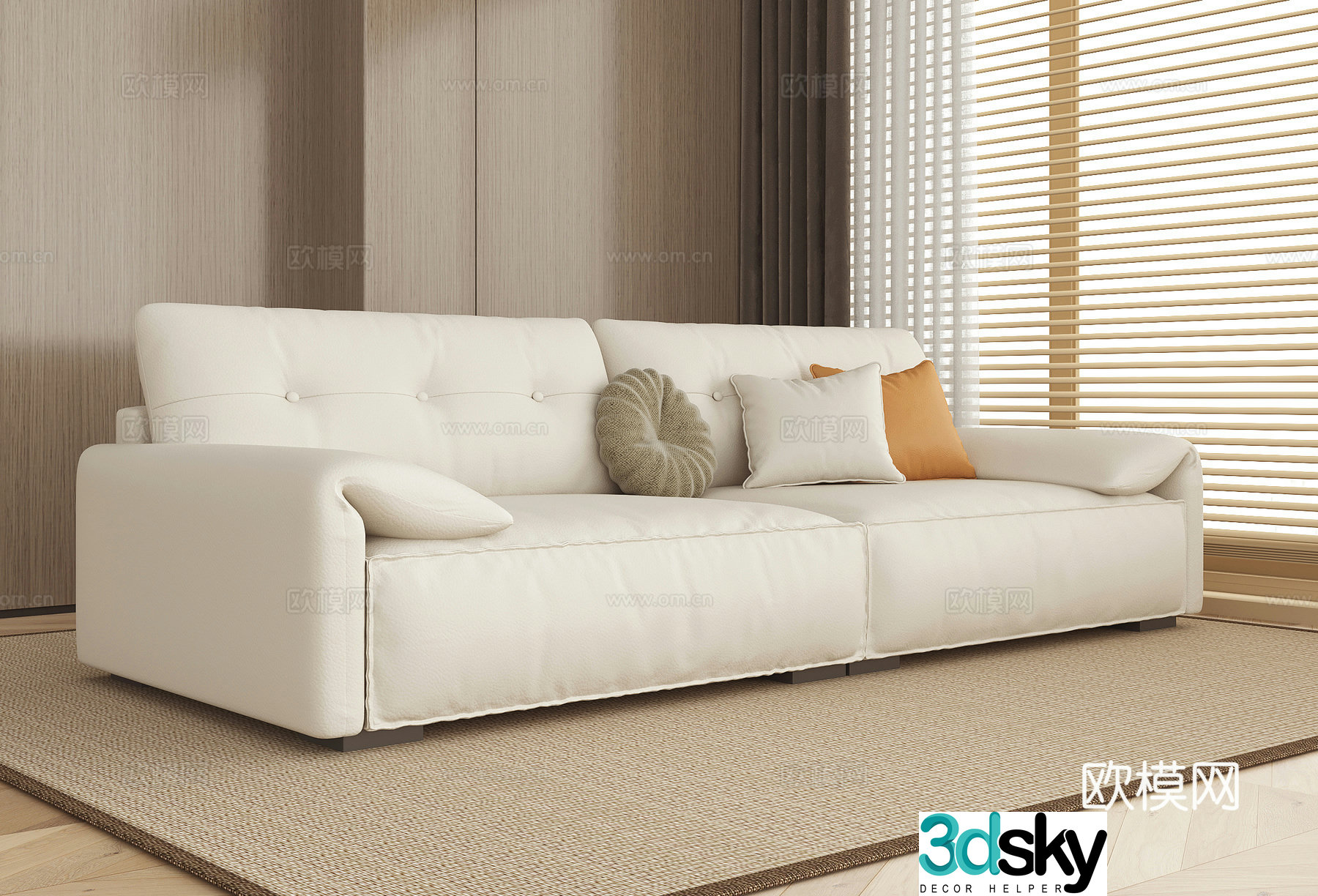 Cream simple multi-person sofa direct sofa multi-person sofa fabric sofa casual sofa 3D model