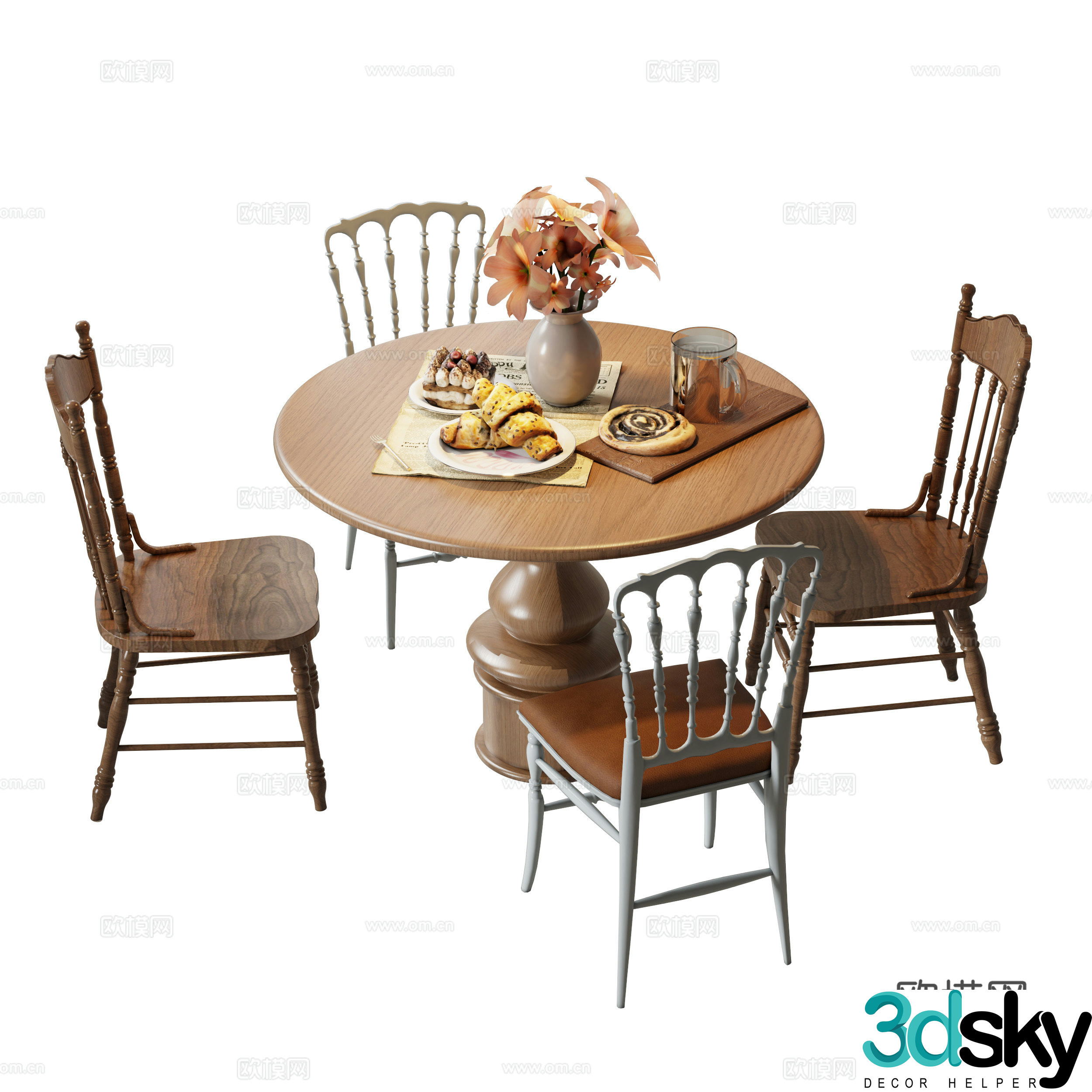 Medium style dining table and chair 3D model