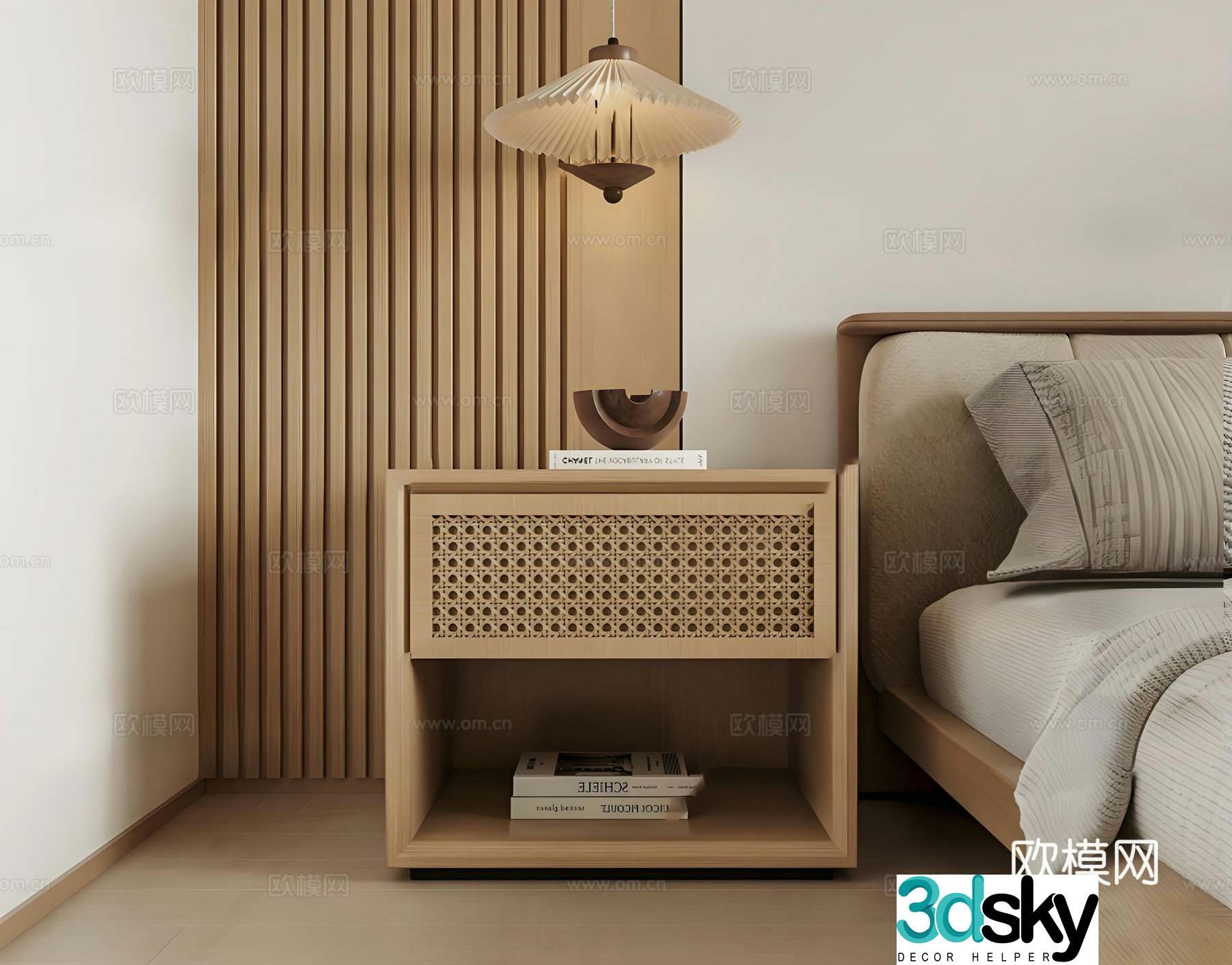 Chinese rattan bedside table 3D model