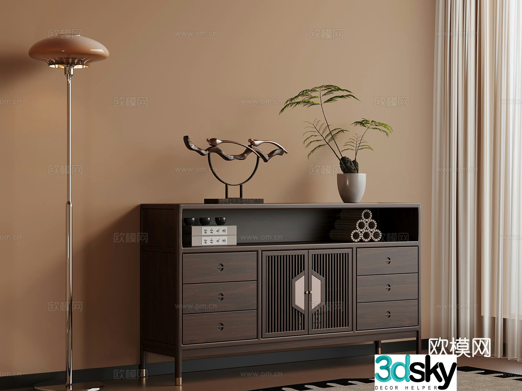 New Chinese style entrance cabinet side cabinet floor lamp 3D model