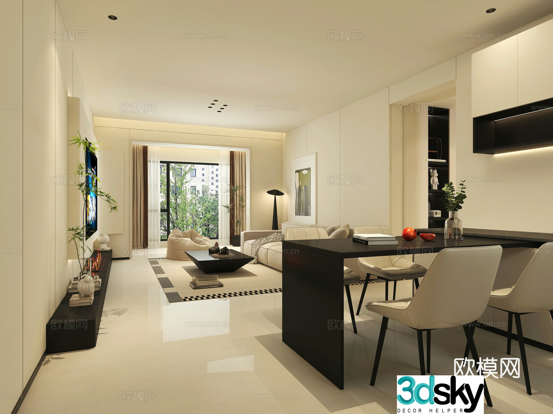 Modern minimalist living and dining room 3D model