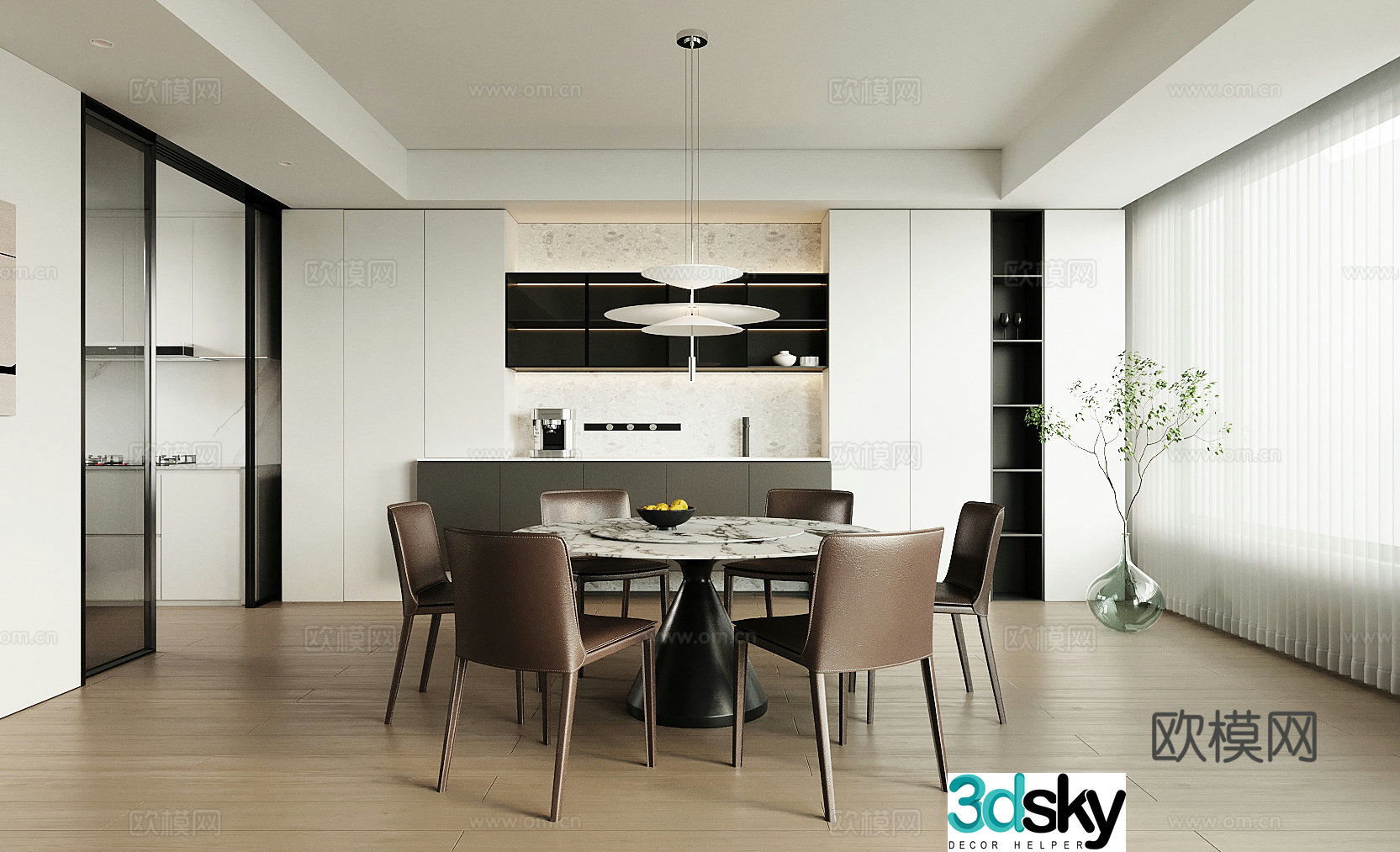 Modern restaurant dining table chair wine cabinet 3d model