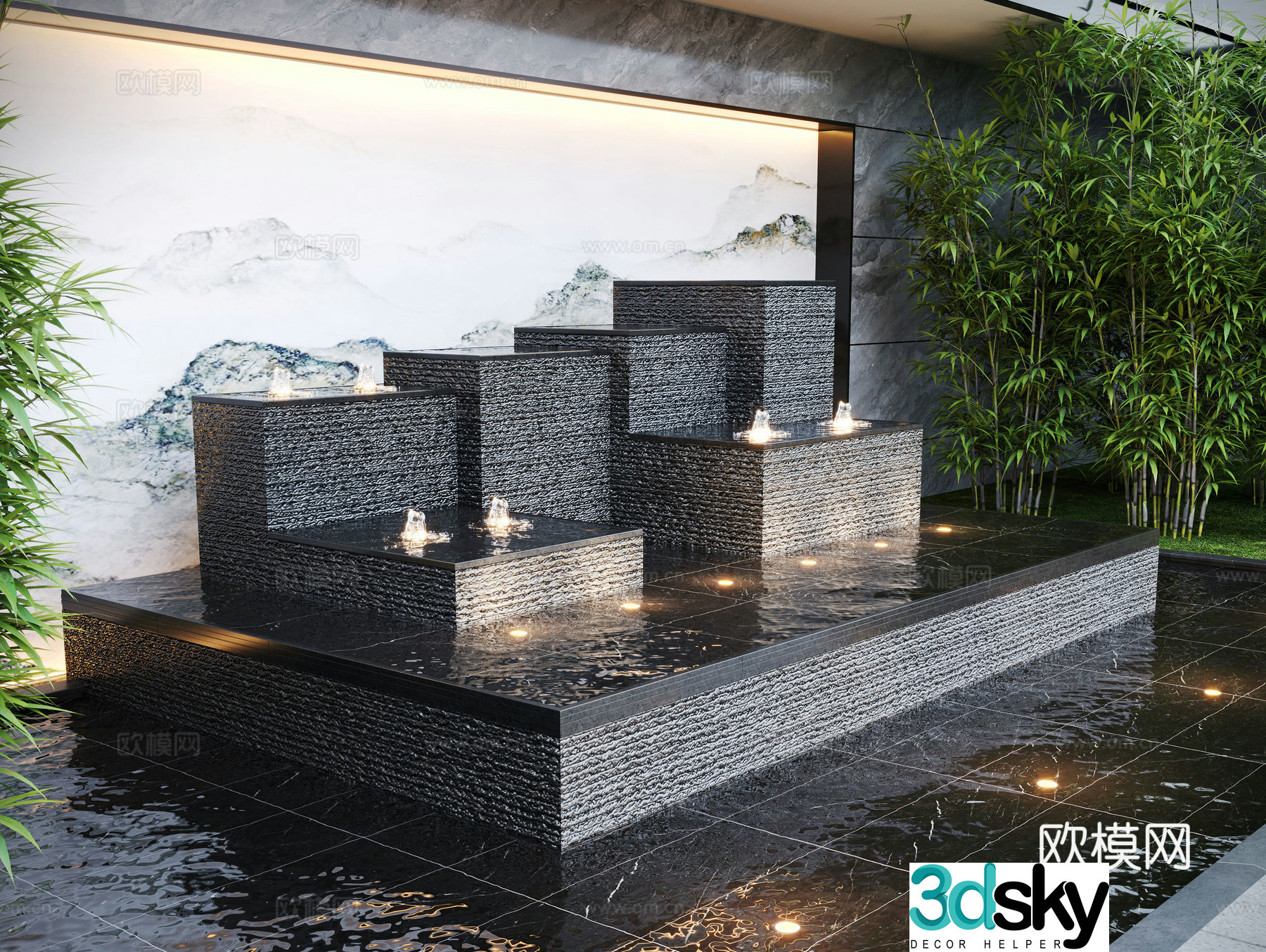 Modern water landscape garden waterscape stacked water 3d model