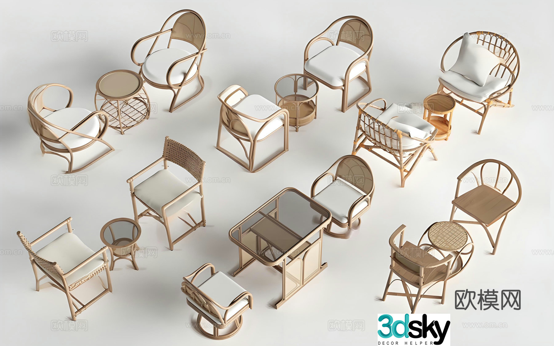 Nordic rattan outdoor leisure table and chair 3D model
