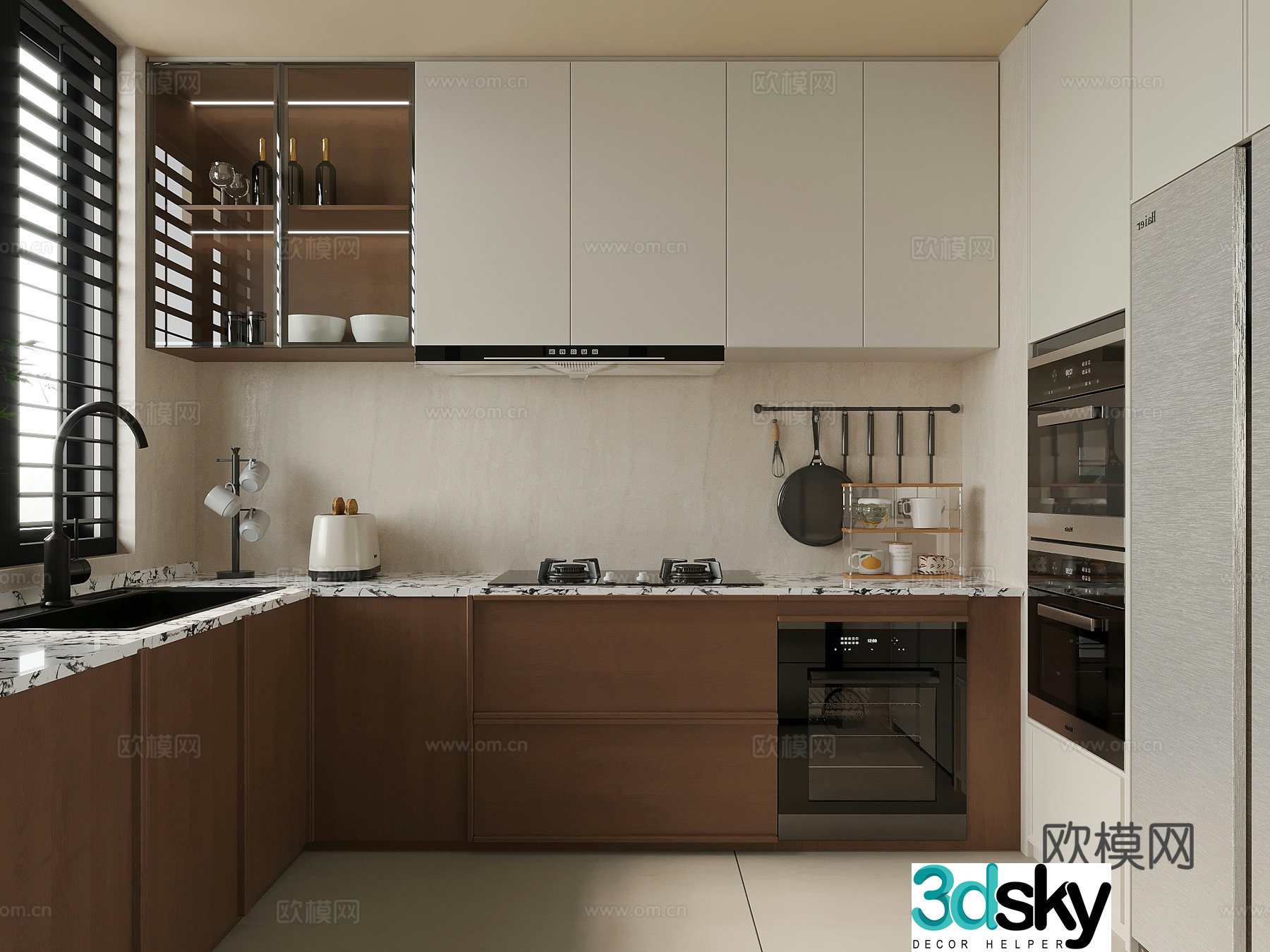 Middle style kitchen cabinets kitchen supplies hood stove 3d model