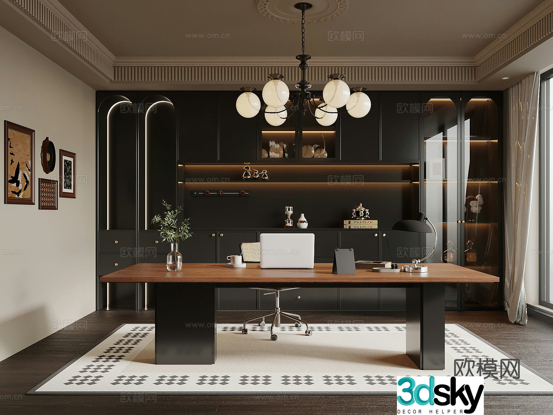 French retro style study bookcase desk chair combination 3D model