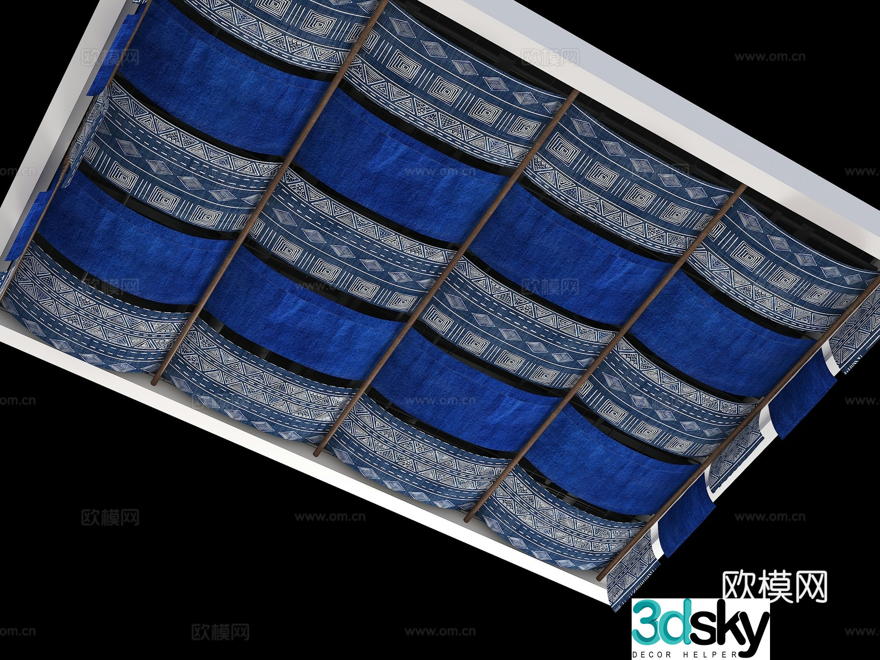 Blue printed cloth ceiling yarn curtain decoration ceiling blue printed cloth ceiling decoration special-shaped curtain ceiling 3D model