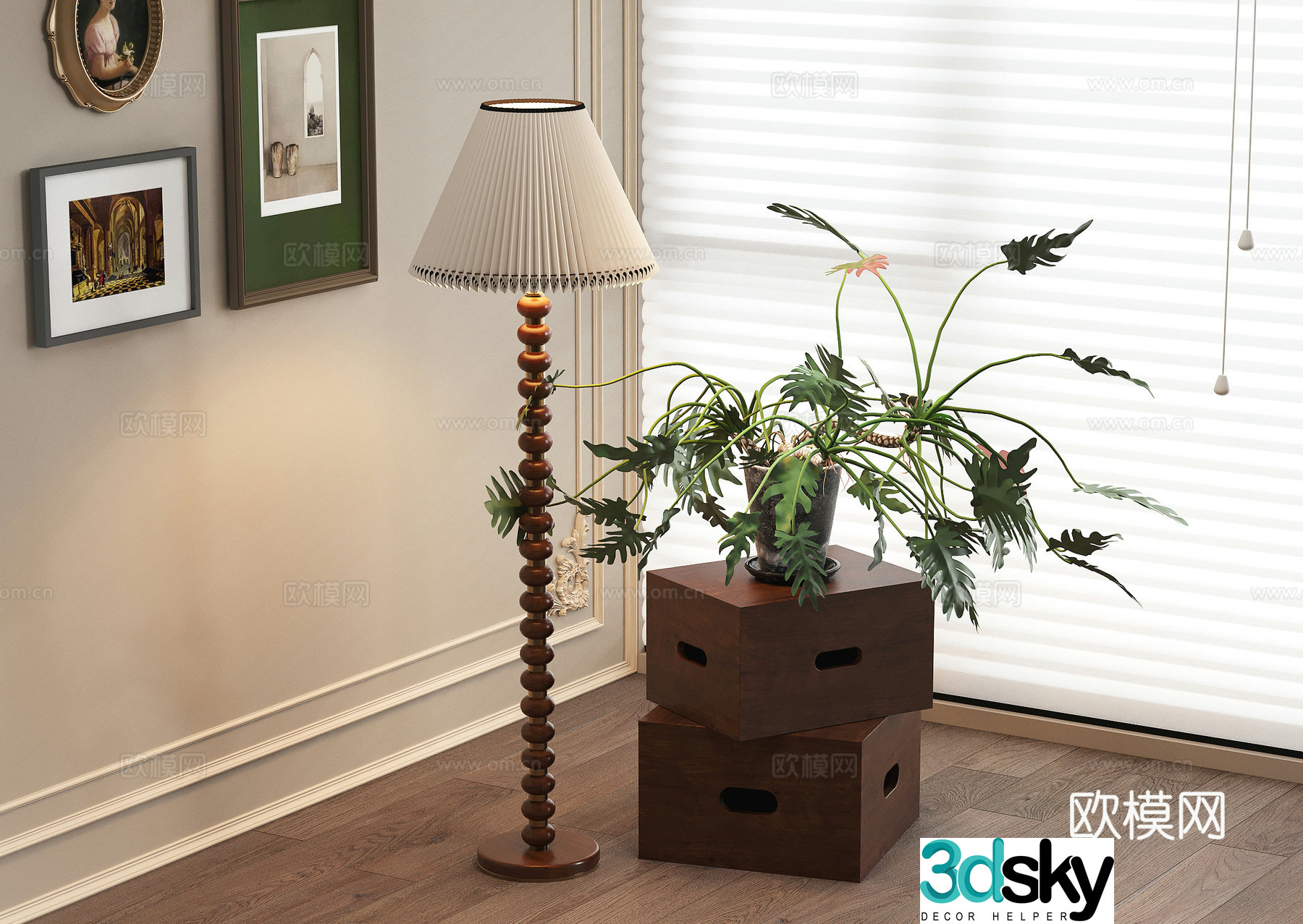 French floor lamp storage rack green plant decoration cabinet decorative painting 3D model