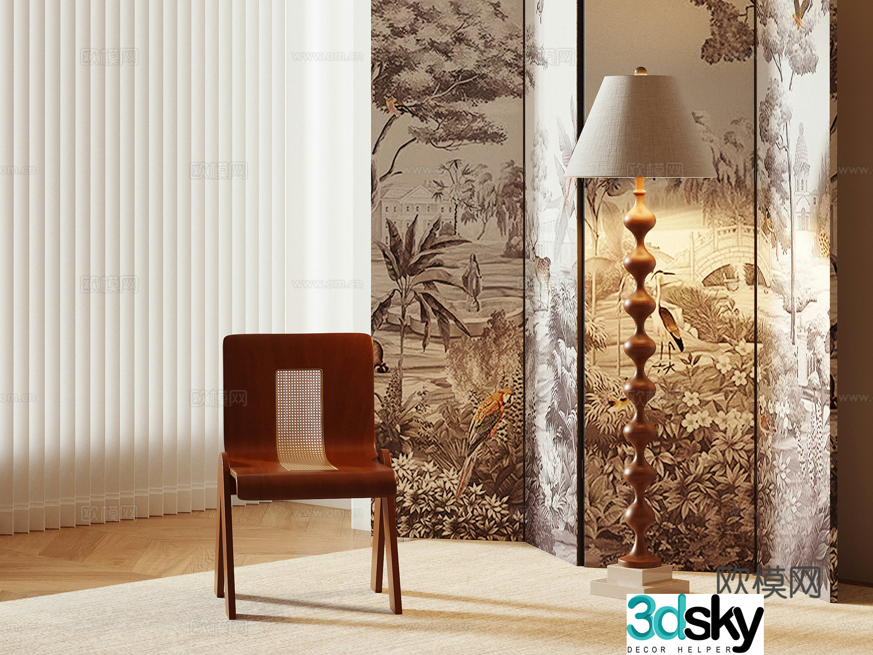 French screen Folding screen Floor lamp Leisure chair 3d model