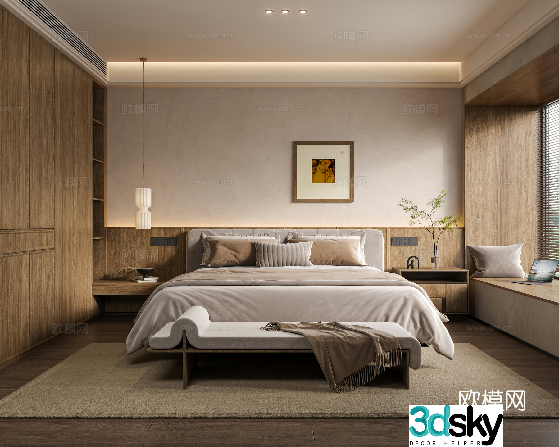 Middle-aged bedroom master bedroom double bed wardrobe bedside table carpet hanging painting jewelry 3d model