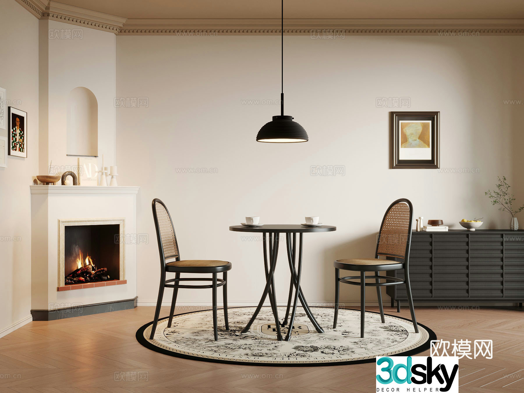 French retro style restaurant dining table and chair combination 3D model