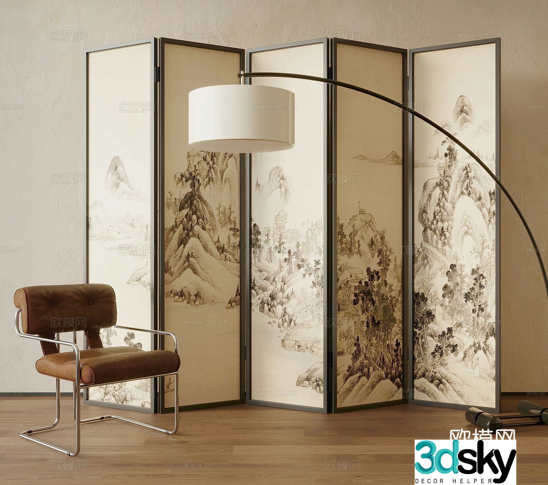 Middle style screen partition leisure chair floor lamp 3d model