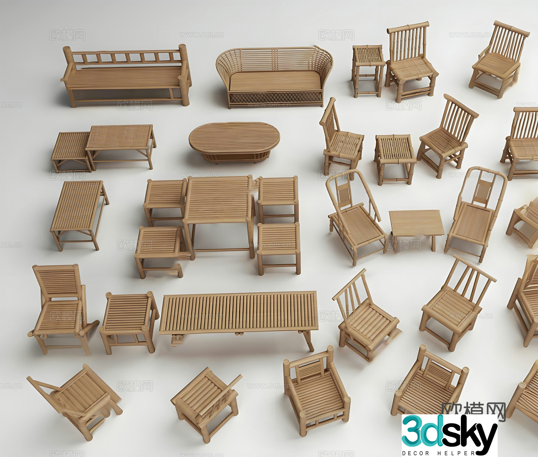 Outdoor table and chairs bamboo woven table and chairs balcony chairs 3D model