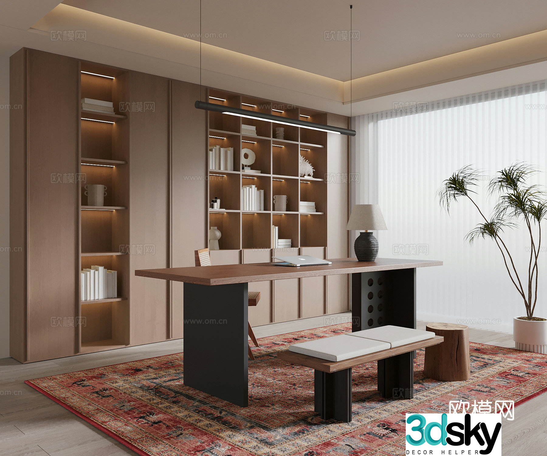 Middle-aged study bookcase desk and chair 3D model