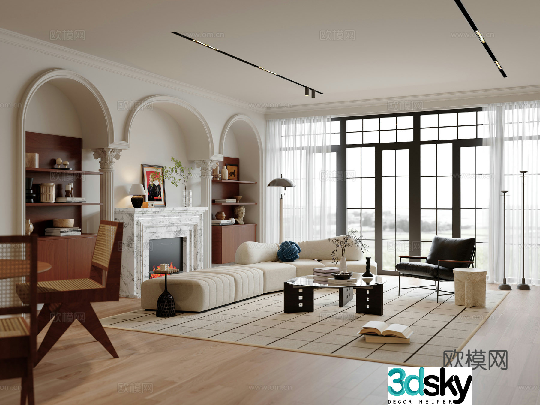 Middle style living room sofa and coffee table combination dining table and chairs accessories and decorations fireplace 3d model